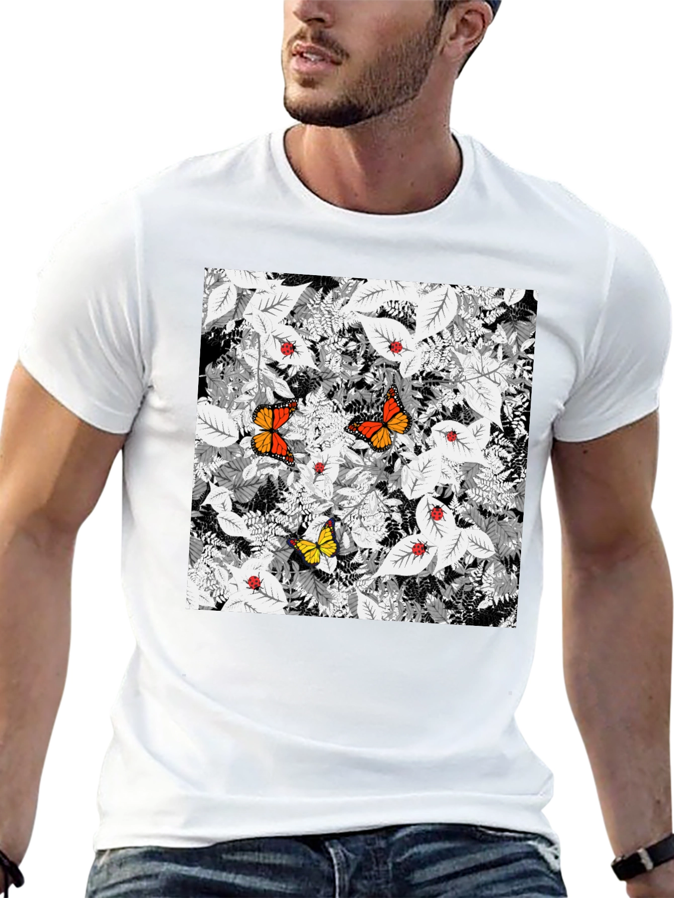 Black Butterfly & Ladybug Graphic Print Black T-Shirt view 13