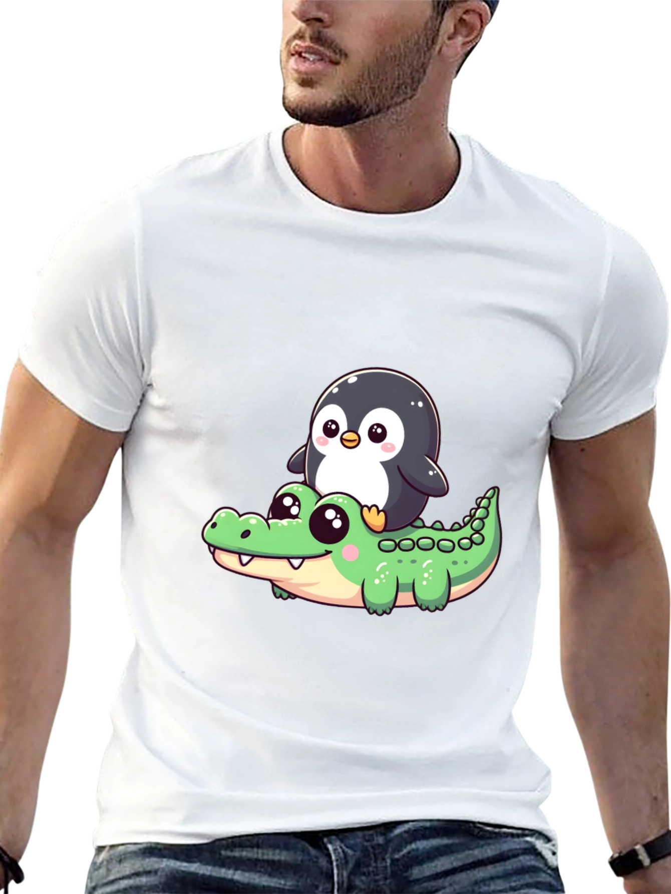 Black Cute Penguin Riding Alligator Graphic Tee - Black view 13