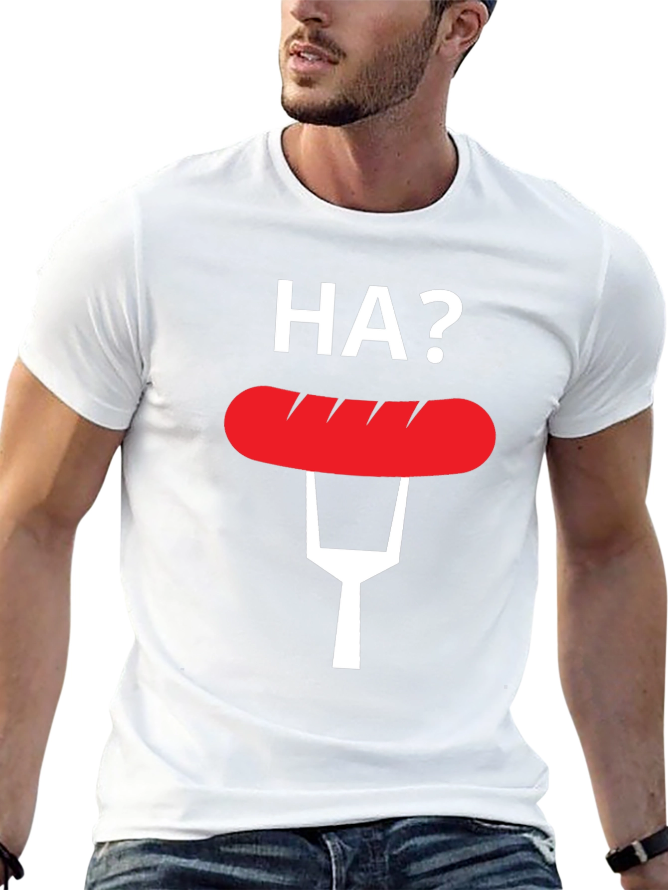 Black Funny "HA?" Hot Dog T-Shirt view 13