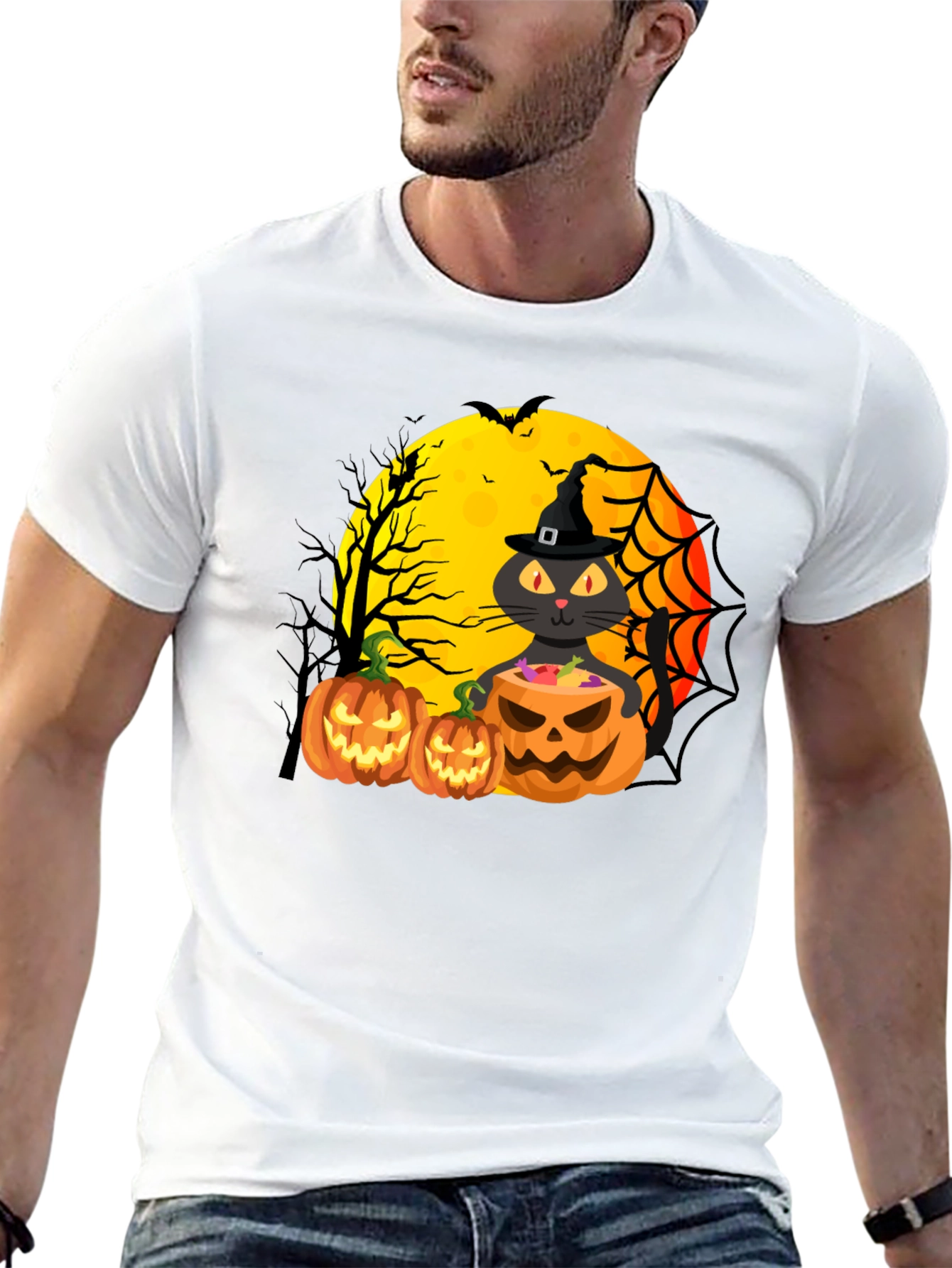 Black Halloween Cat & Pumpkins Black T-Shirt view 13