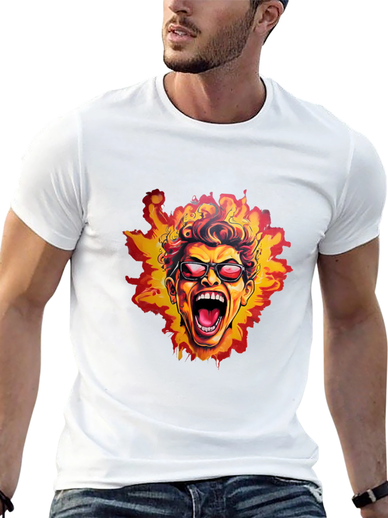 Black Fiery Screaming Face Graphic Black T-Shirt view 13