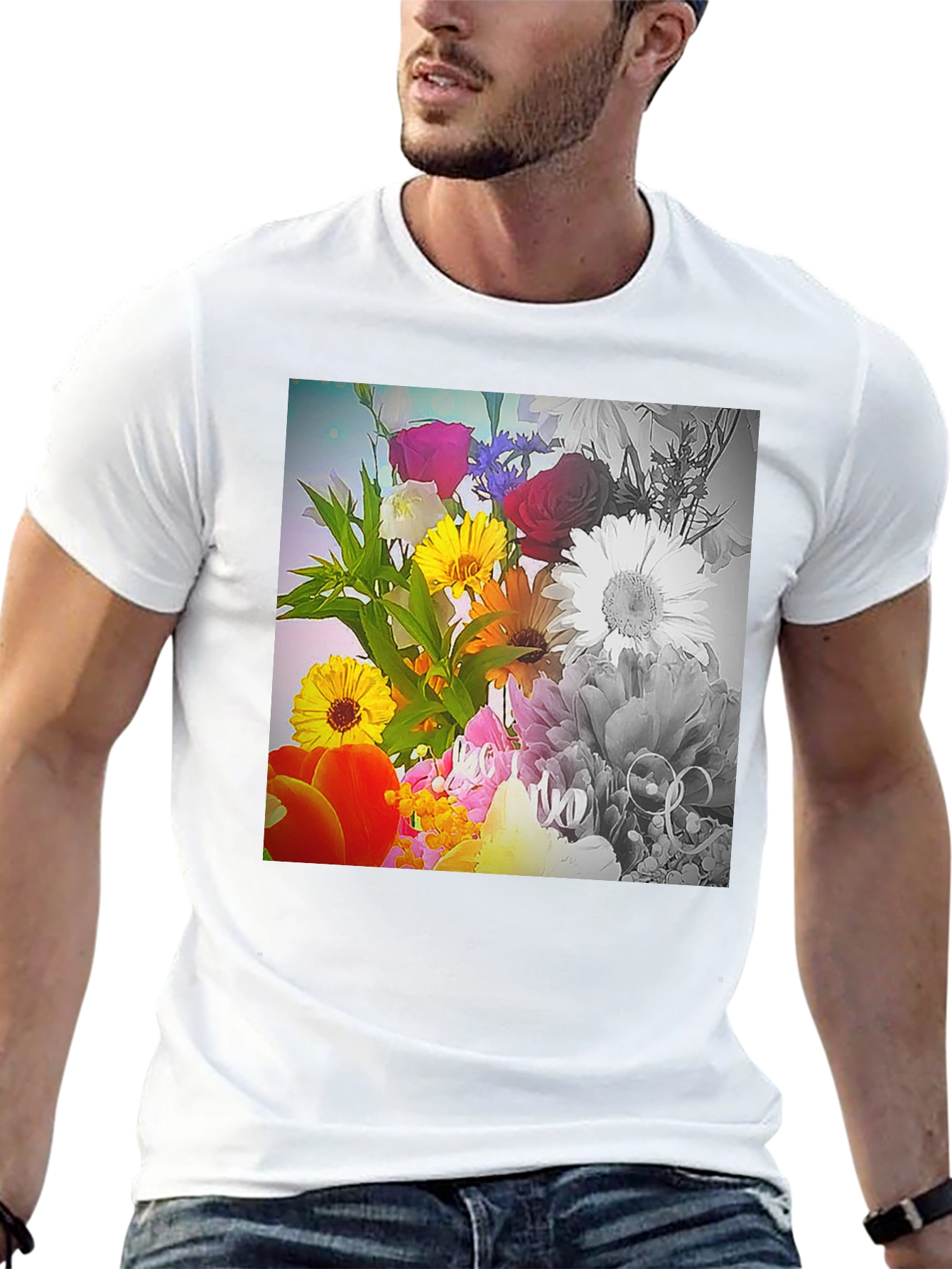 Black Floral Bouquet Graphic T-Shirt - Vivid Print Tee view 13