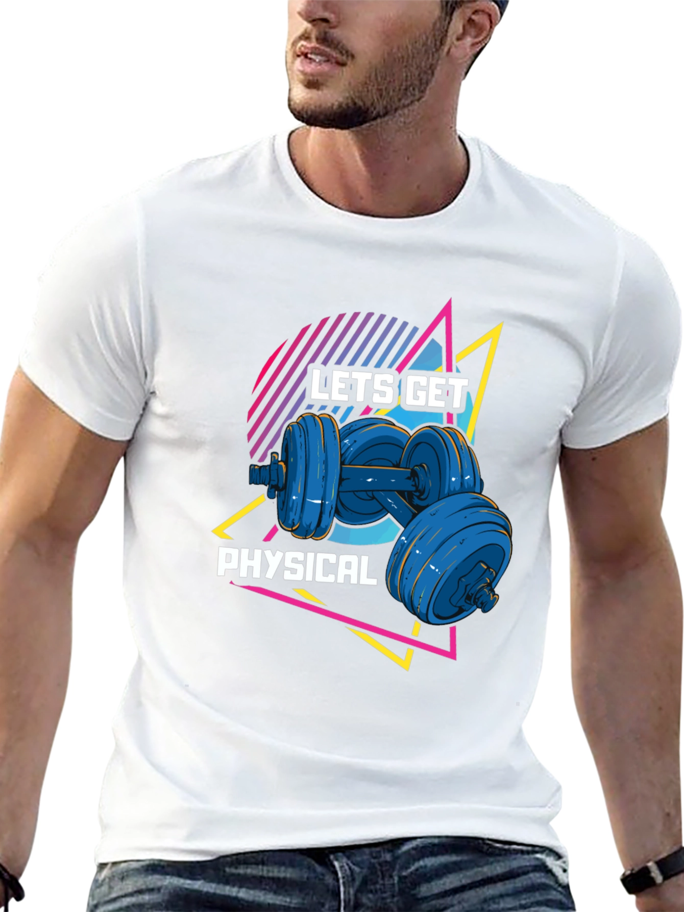 Black Lets Get Physical Black T-Shirt Retro Dumbbell Design view 13