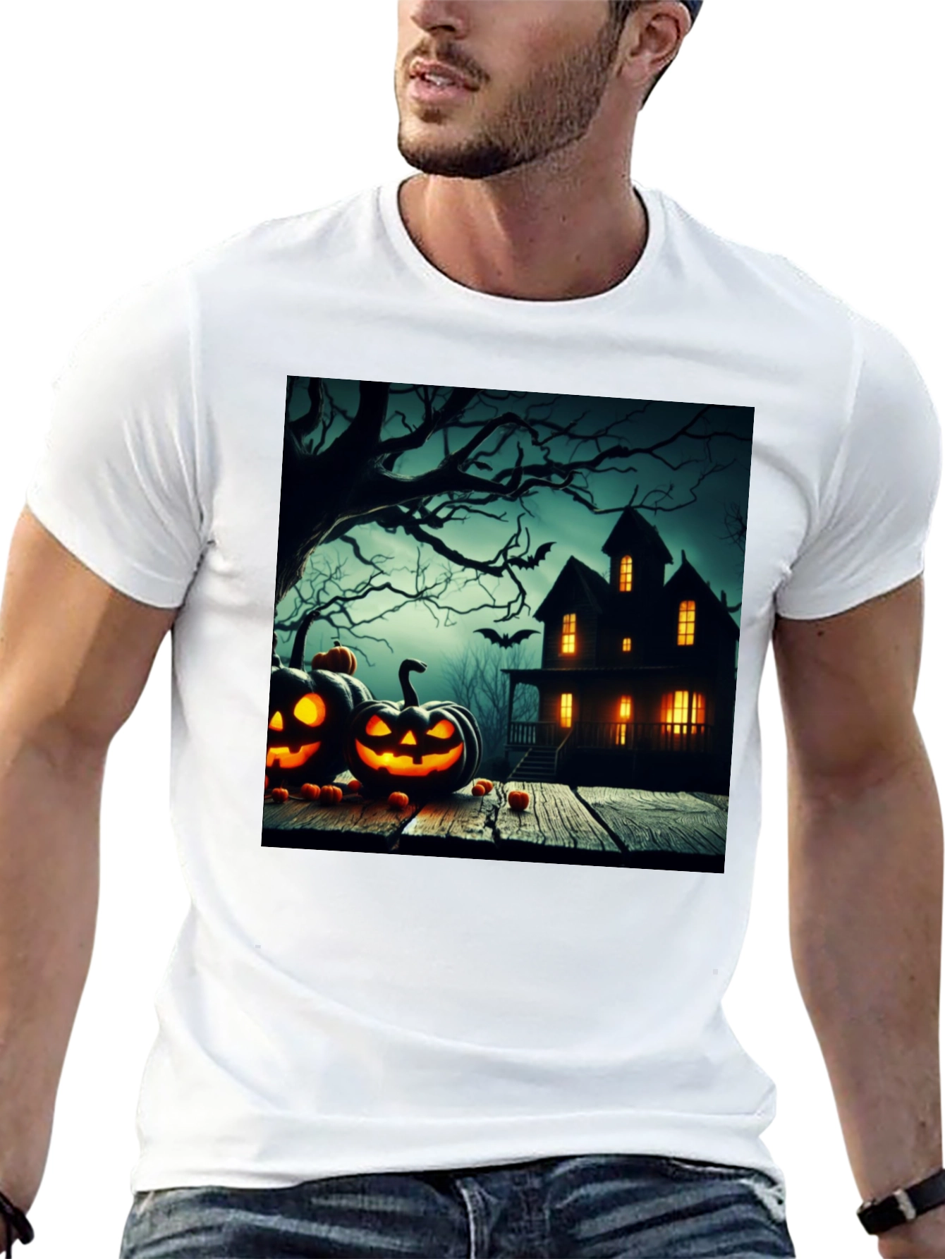 Black Halloween Haunted House T-Shirt view 13