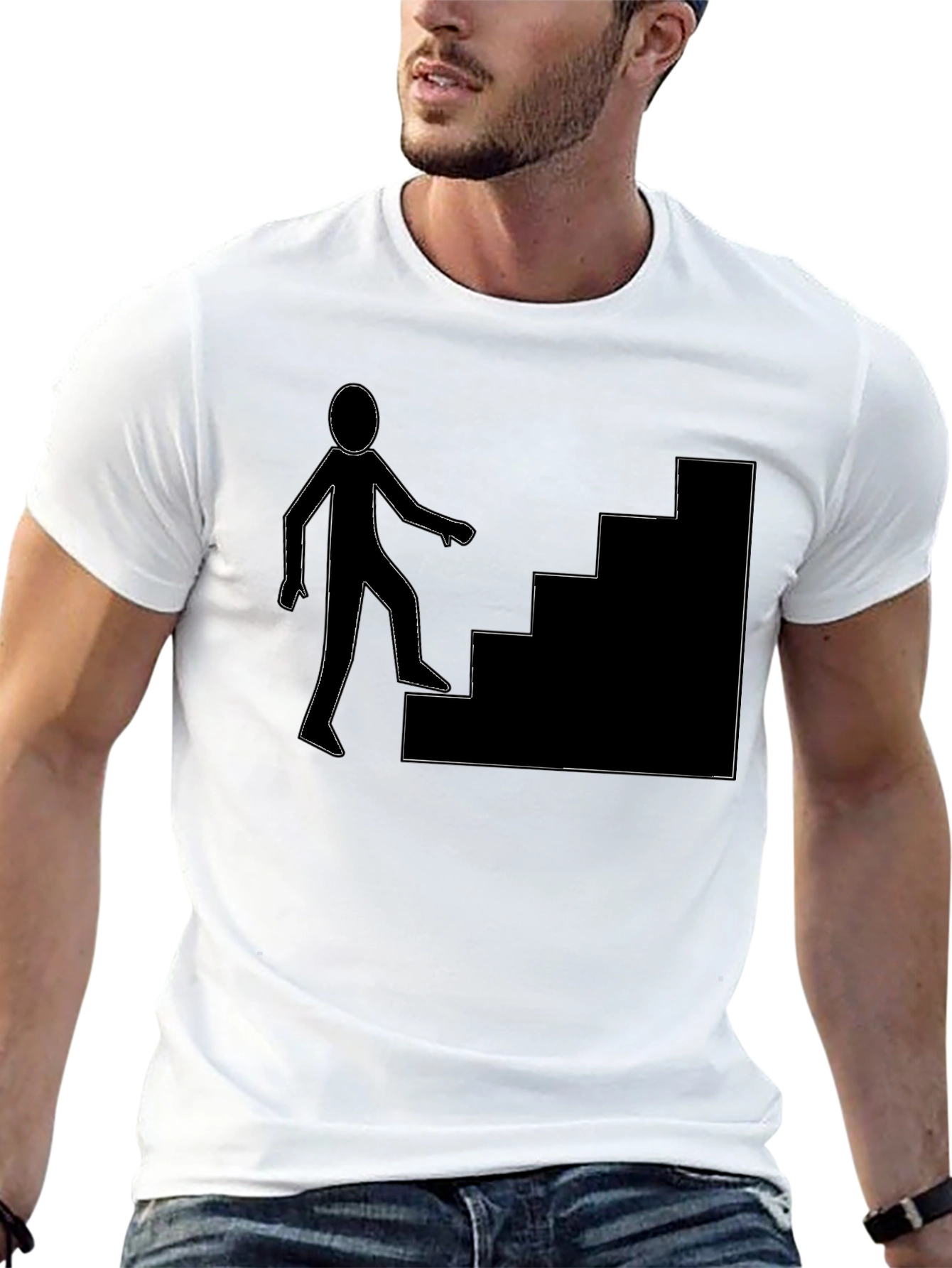 Black Men's Black T-Shirt with Stairs Graphic view 13
