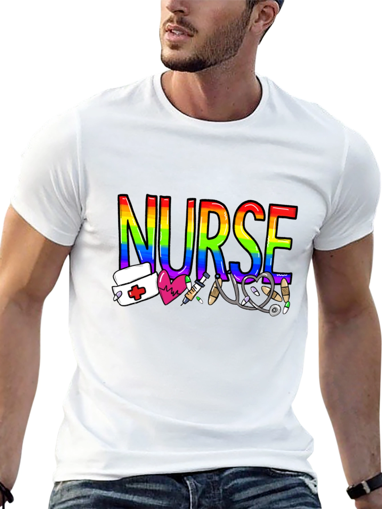 Black Rainbow Nurse Graphic T-Shirt - Medical Pride Tee view 13