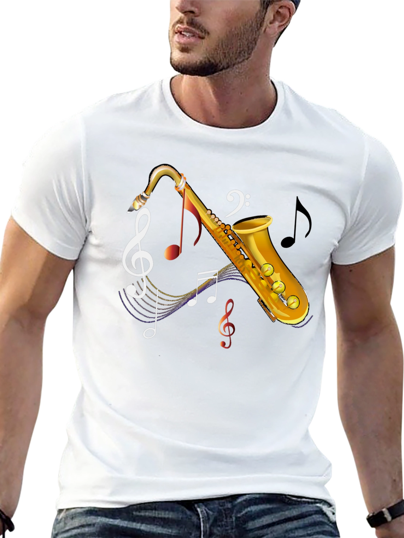 Black Saxophone Music Notes Graphic T-Shirt view 13