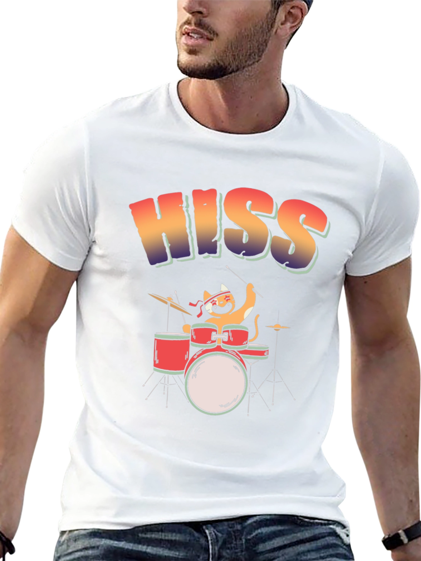 Black HISS Cat Drummer T-Shirt - Rock On! view 13