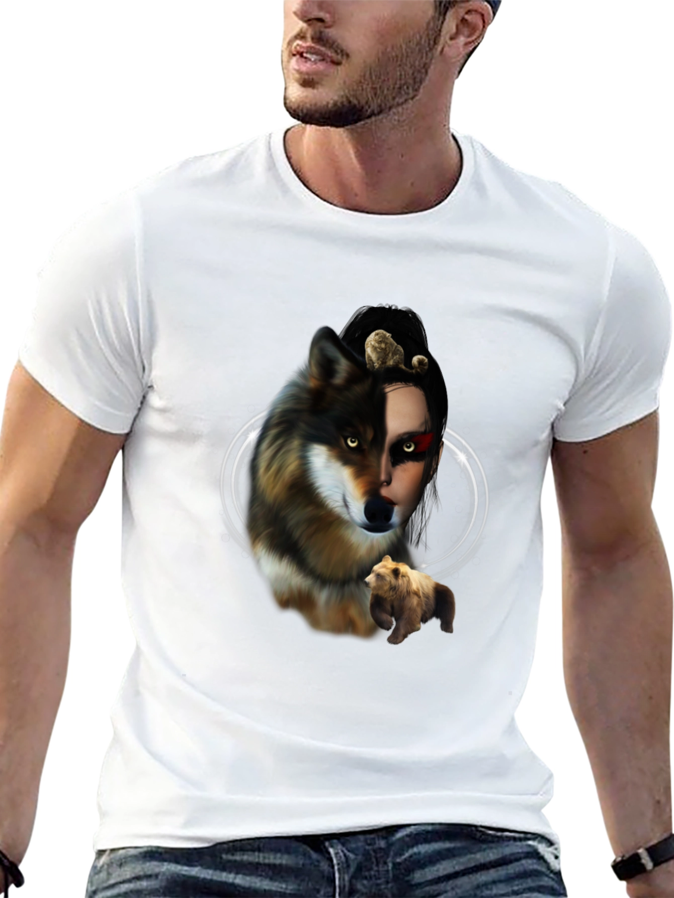 Black Wolf & Bear Graphic Tee - Unisex Black T-Shirt view 13