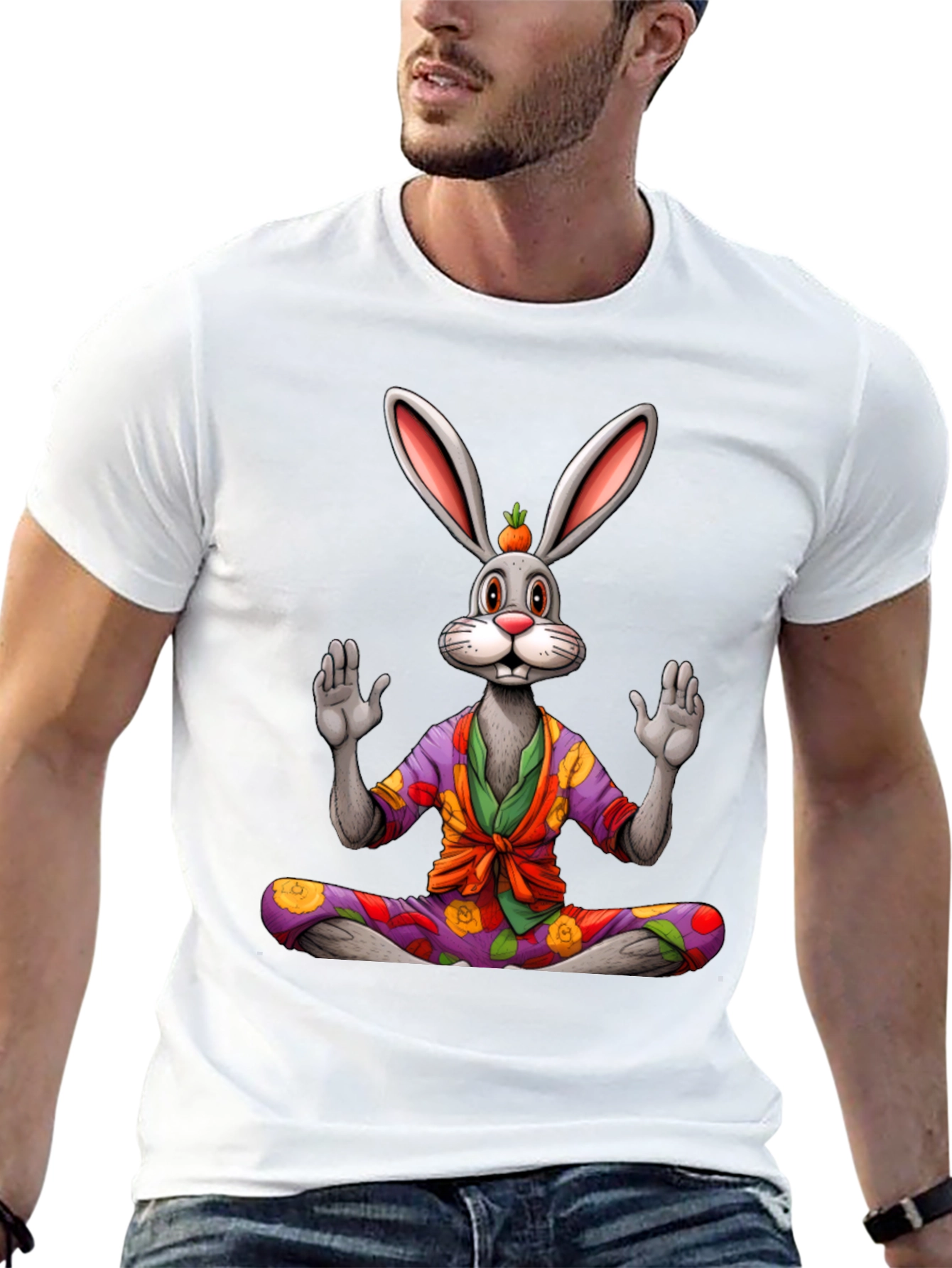 Black Zen Rabbit Graphic Tee - Meditating Hare Shirt view 13