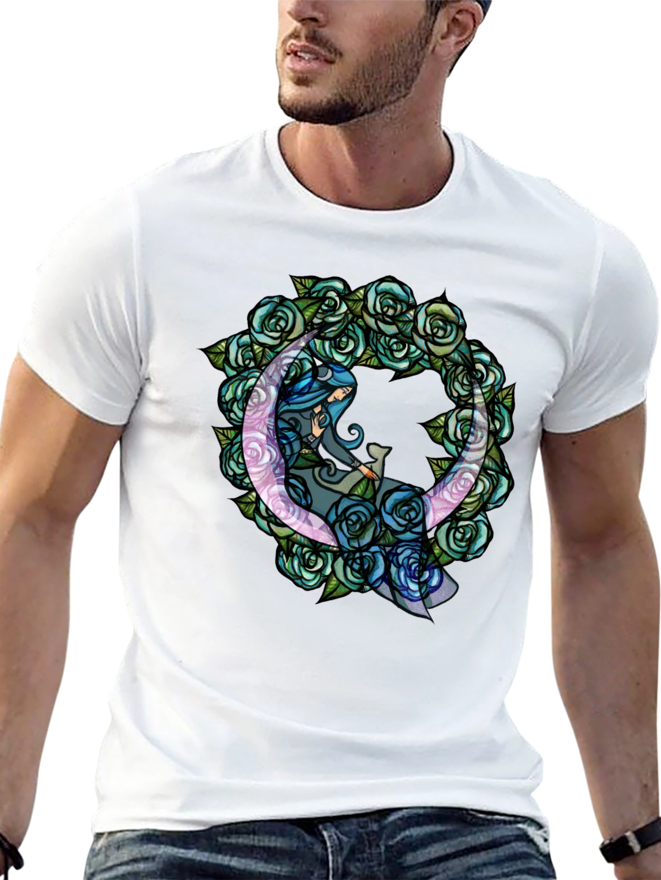 Black Mystic Moon & Roses Graphic T-Shirt - Black view 13