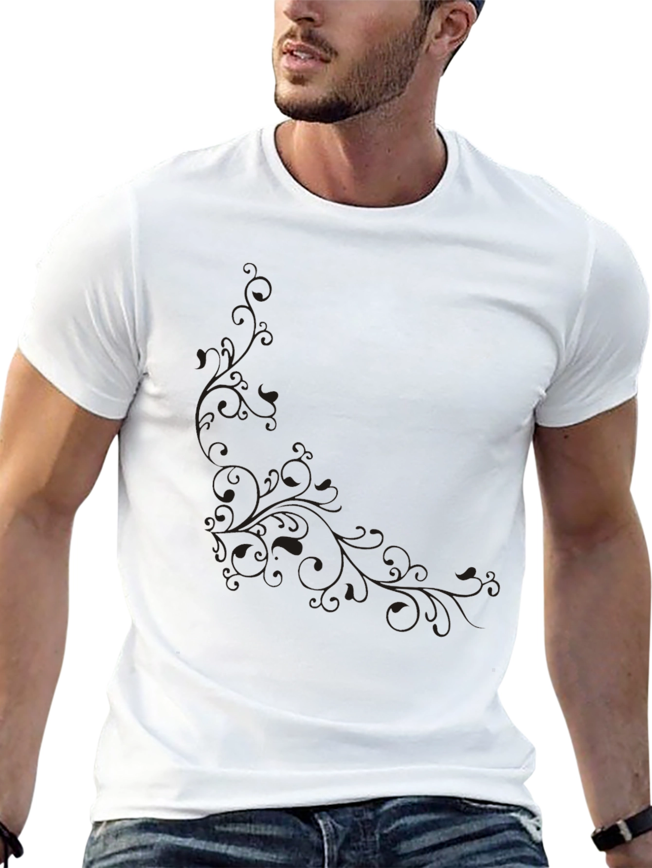 Black Men's Black T-Shirt with Subtle Floral Design view 13