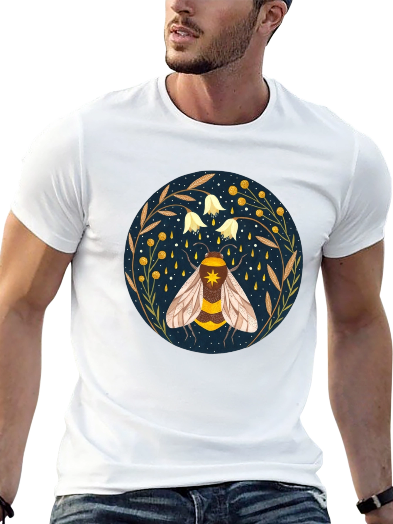 Black Enchanted Bee Graphic Tee - Celestial Honeycomb Design view 13