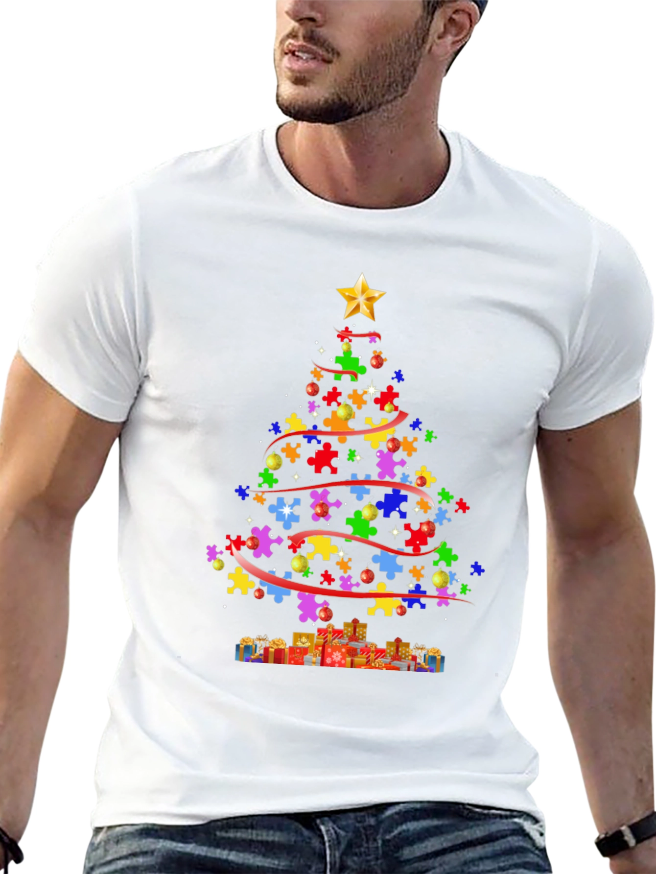 Black Puzzle Piece Christmas Tree T-Shirt view 13