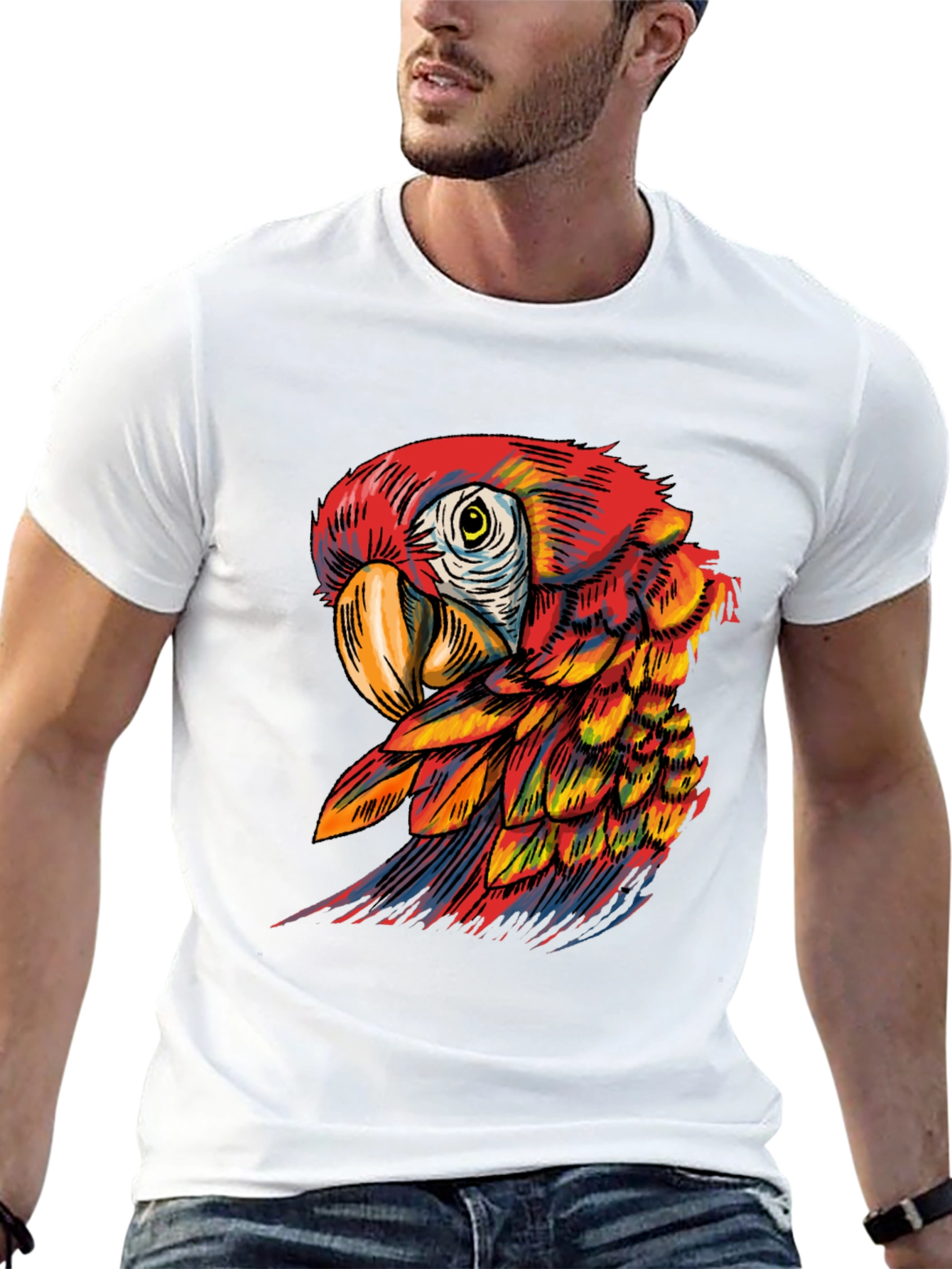 Black Vibrant Parrot Graphic Tee - Soft Black Cotton Blend view 13