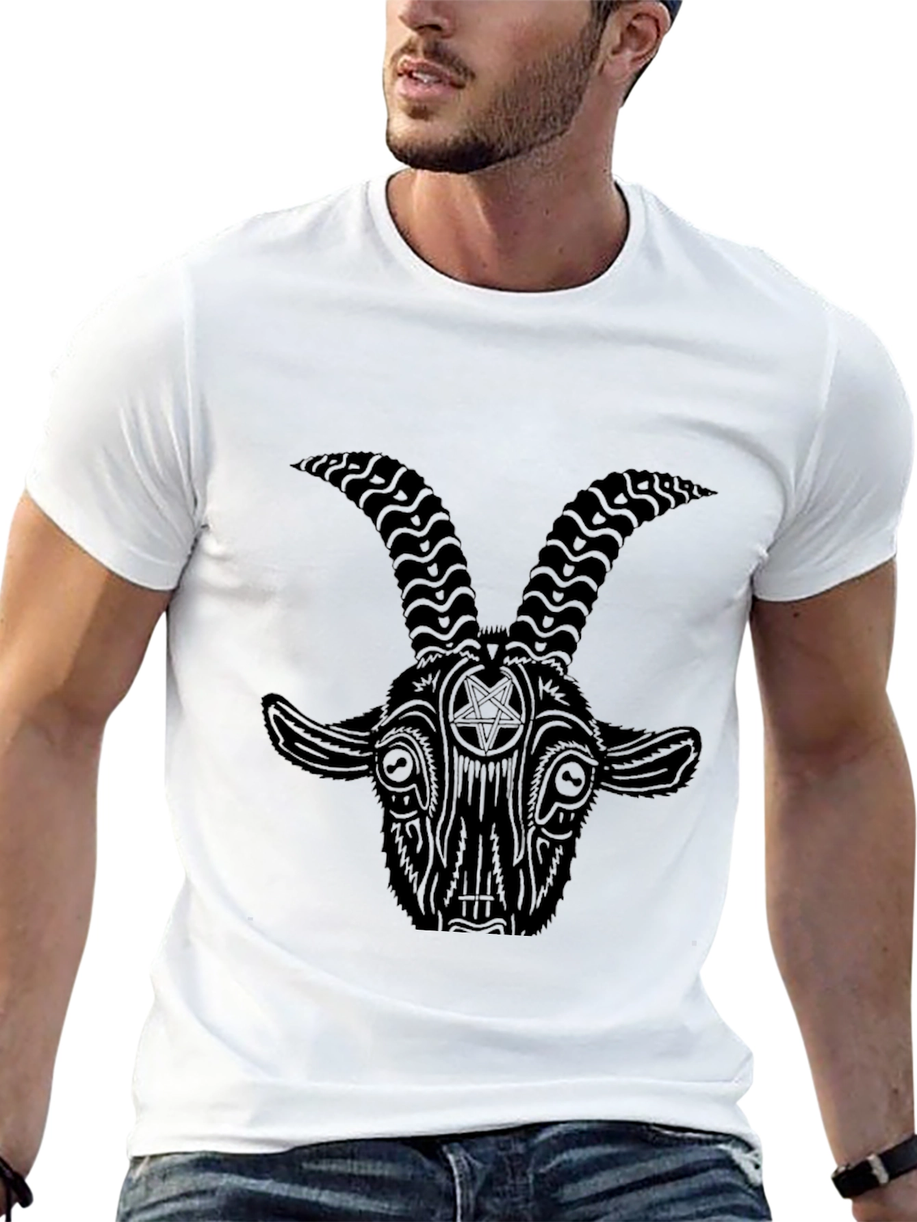 Black Baphomet Goat Head Graphic Print Black T-Shirt view 13