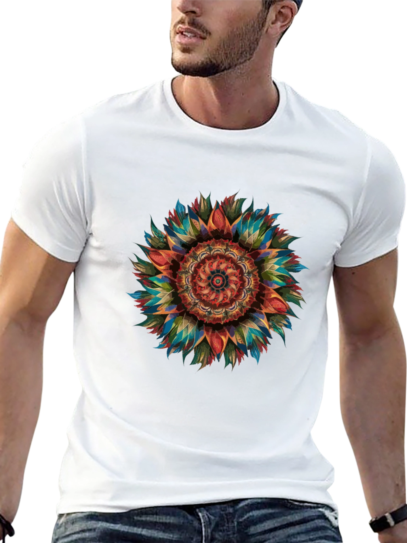 Vibrant Mandala Graphic Print Men's Black T-Shirt - 13