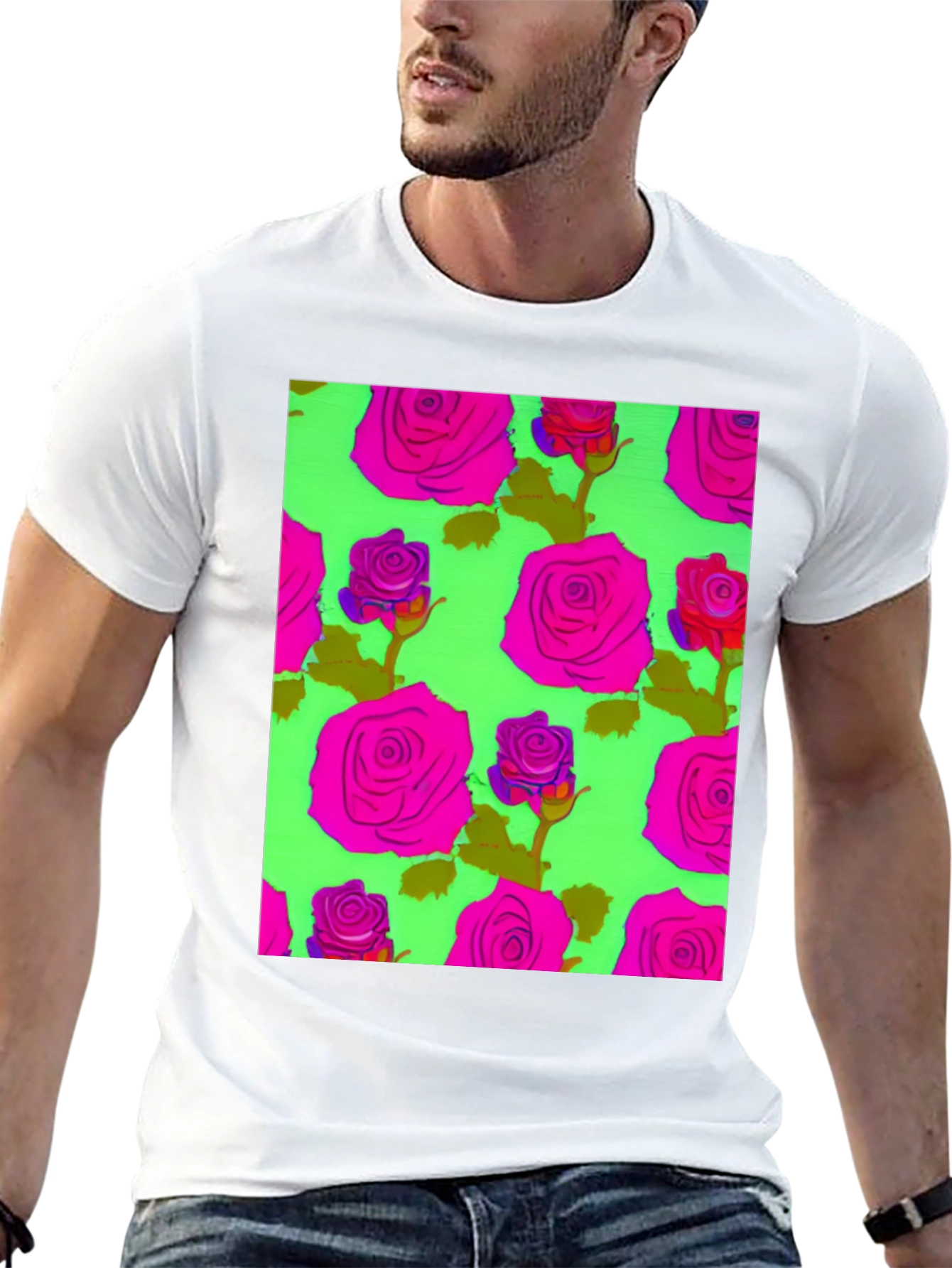 Black Vibrant Floral Rose Pattern Tee - Trendy Graphic T-Shirt view 13