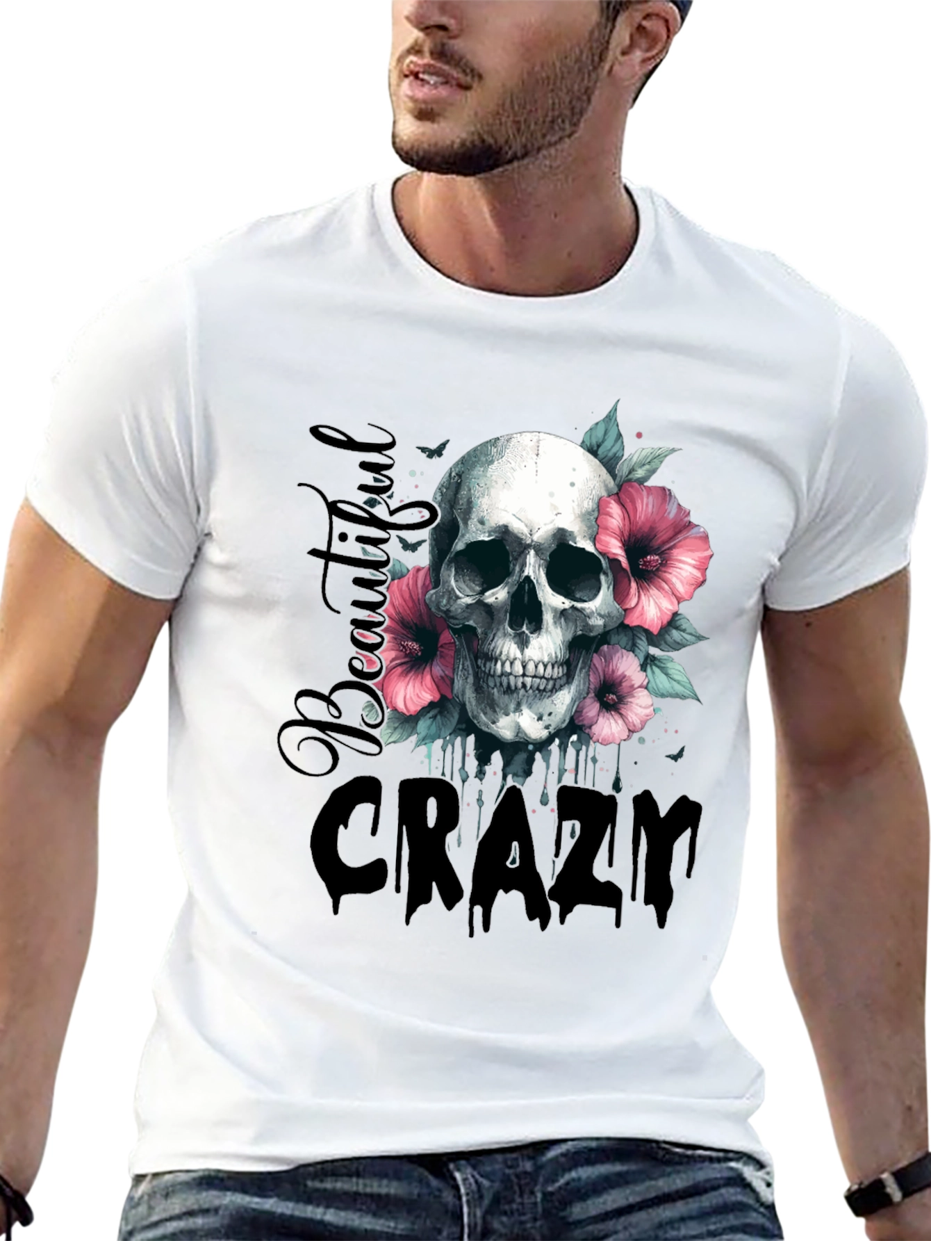 Black Skull & Flowers Graphic Tee - Beautiful Crazy Design view 13