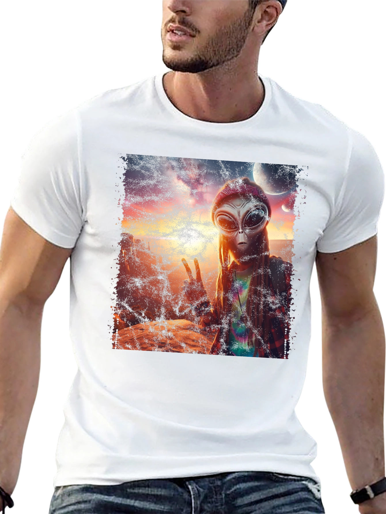 Black Alien Peace T-Shirt - Black Crew Neck Tee view 13