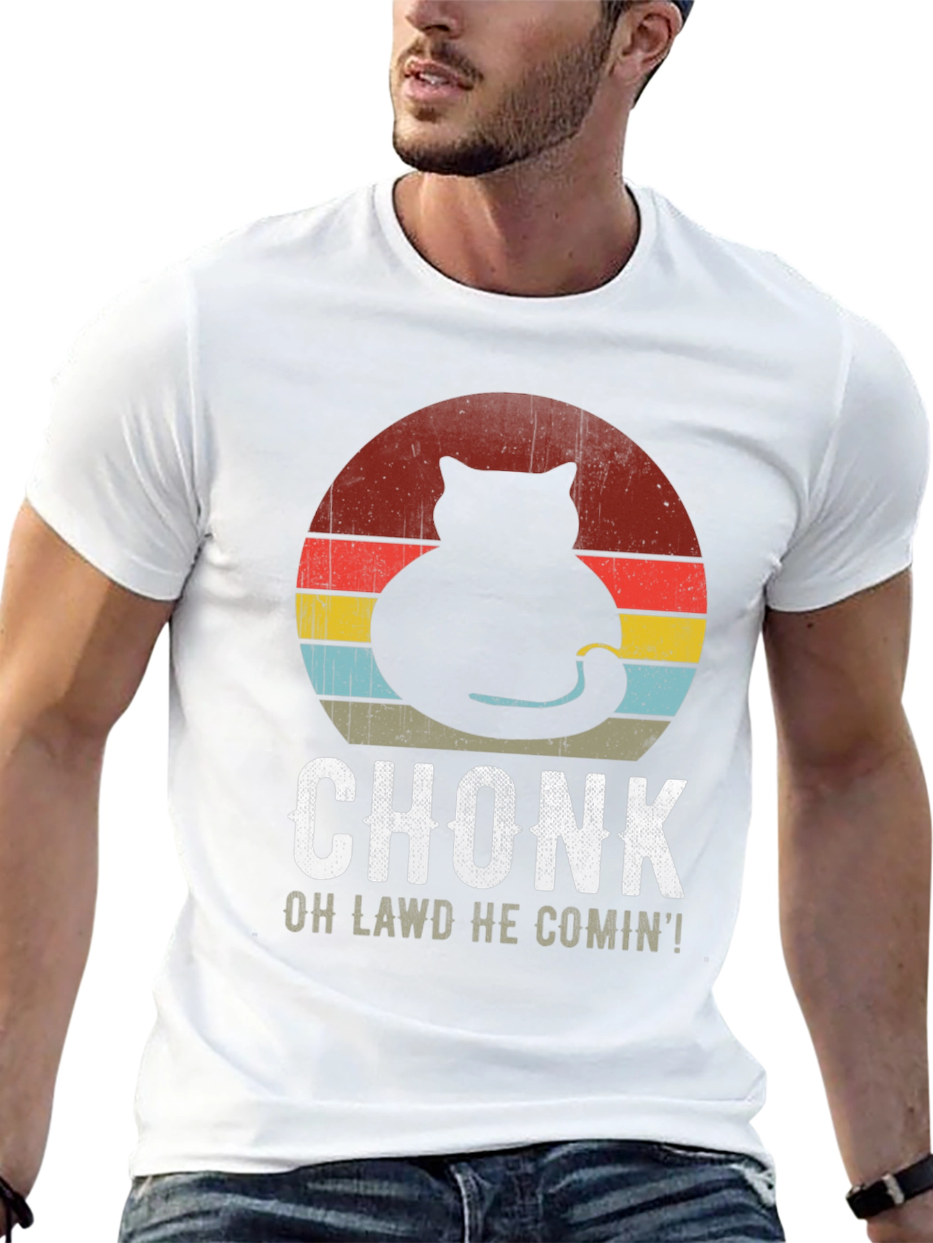 Black Chonk Cat Retro T-Shirt: Oh Lawd He Comin'! view 13