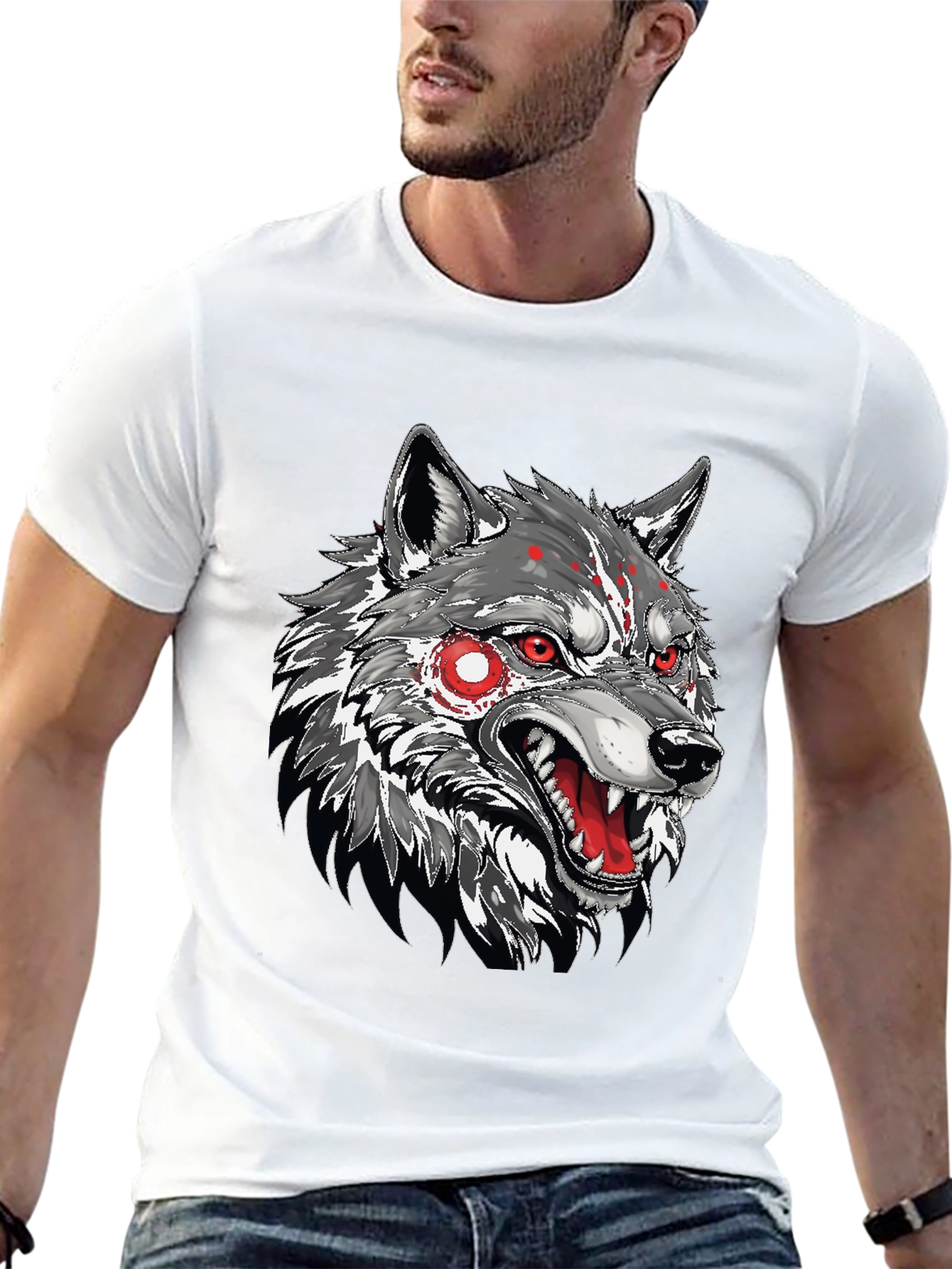 Black Men's Black T-Shirt with Wolf Graphic view 13
