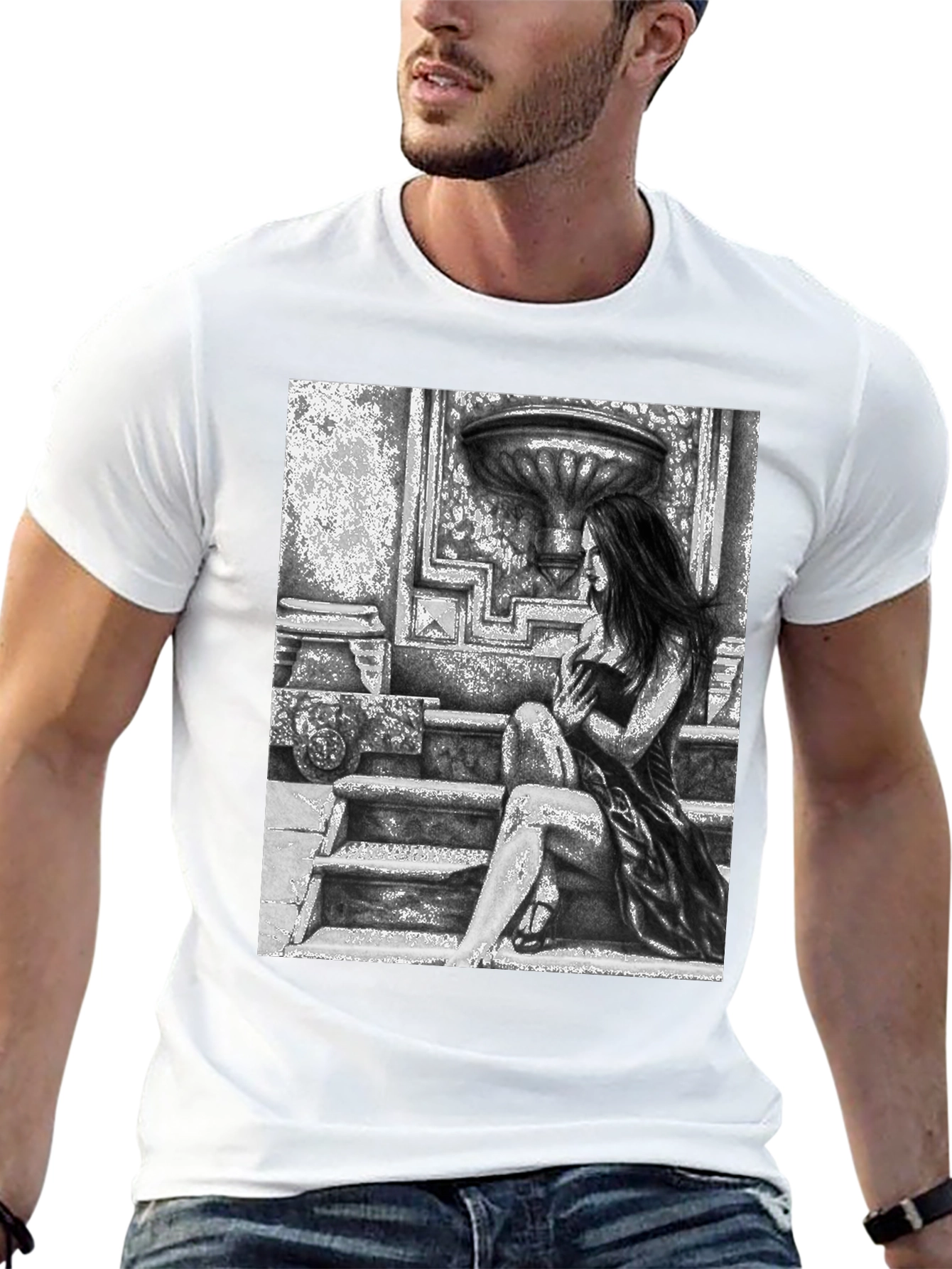 Black Gothic Beauty Tee - Woman on Steps Graphic T-Shirt view 13