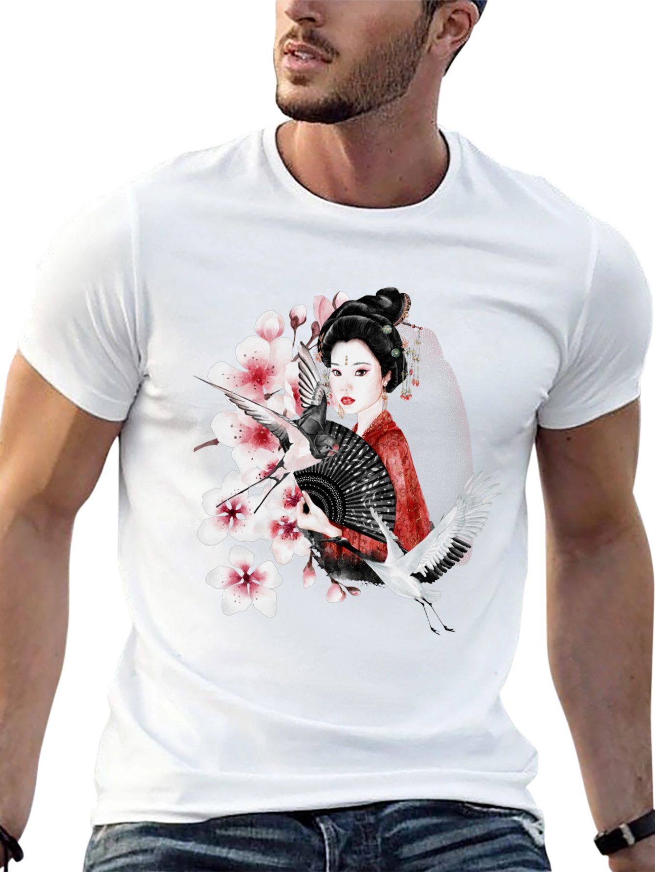 Black Asian Geisha Crane T-Shirt - Stylish Graphic Tee view 13