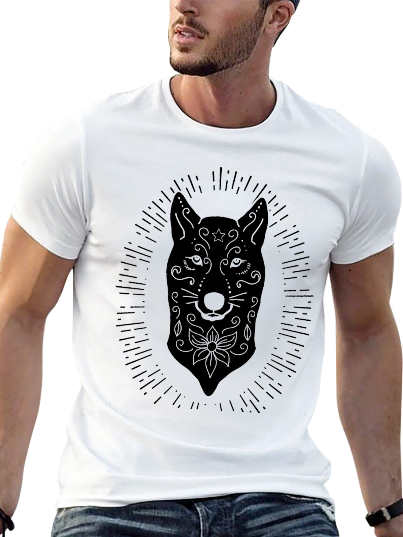 Black Black Graphic Tee - Sugar Skull Wolf Design view 13