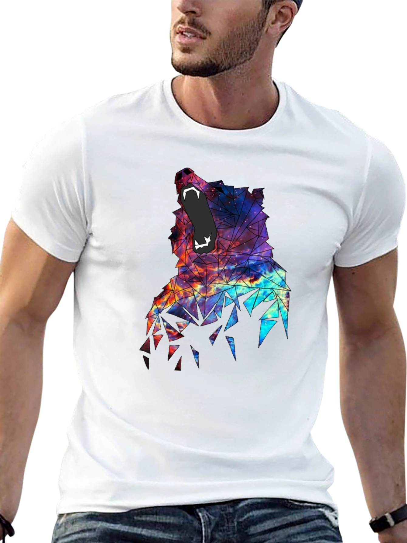Black Geometric Wolf Galaxy T-Shirt - Unique Design view 13