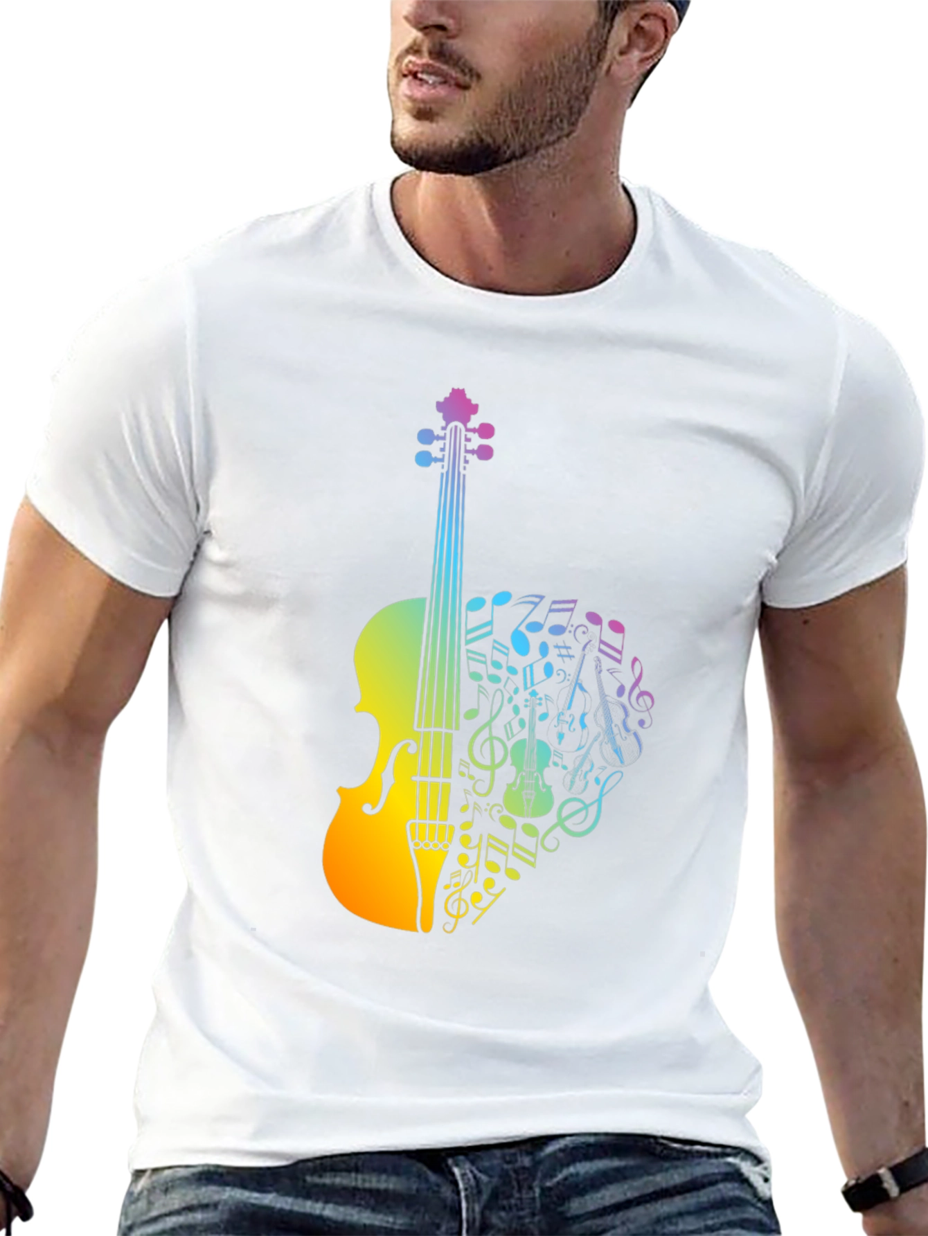 Black Musical Violin T-Shirt - Rainbow Notes Design view 13