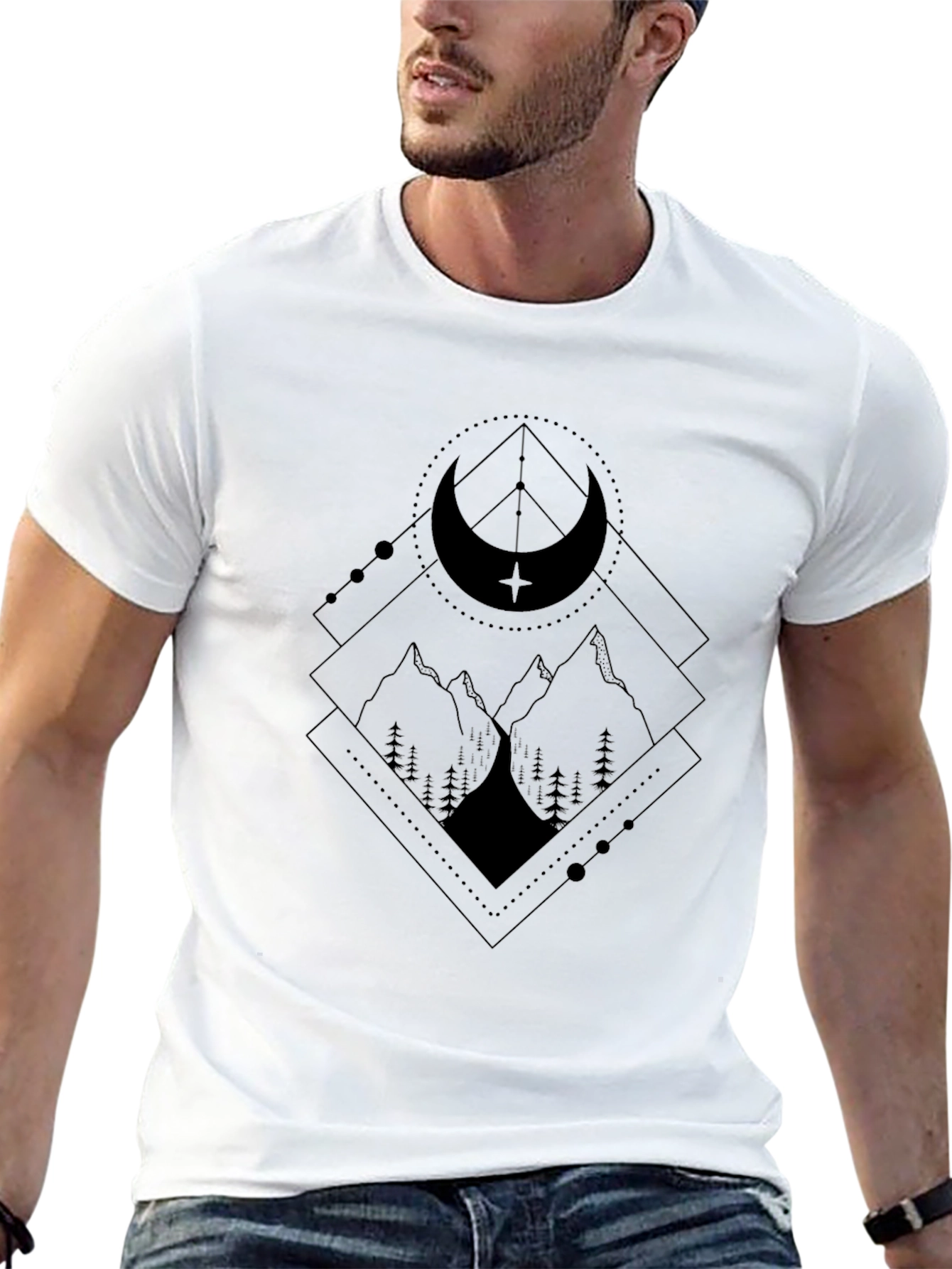 Black Geometric Mountain Moon Black Graphic Tee view 13