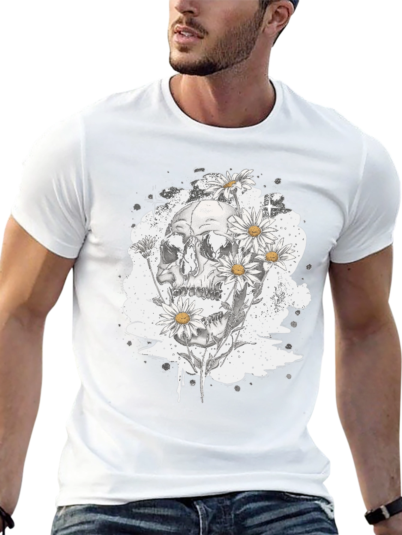 Black Skull & Daisy Graphic Tee - Edgy Black T-Shirt view 13