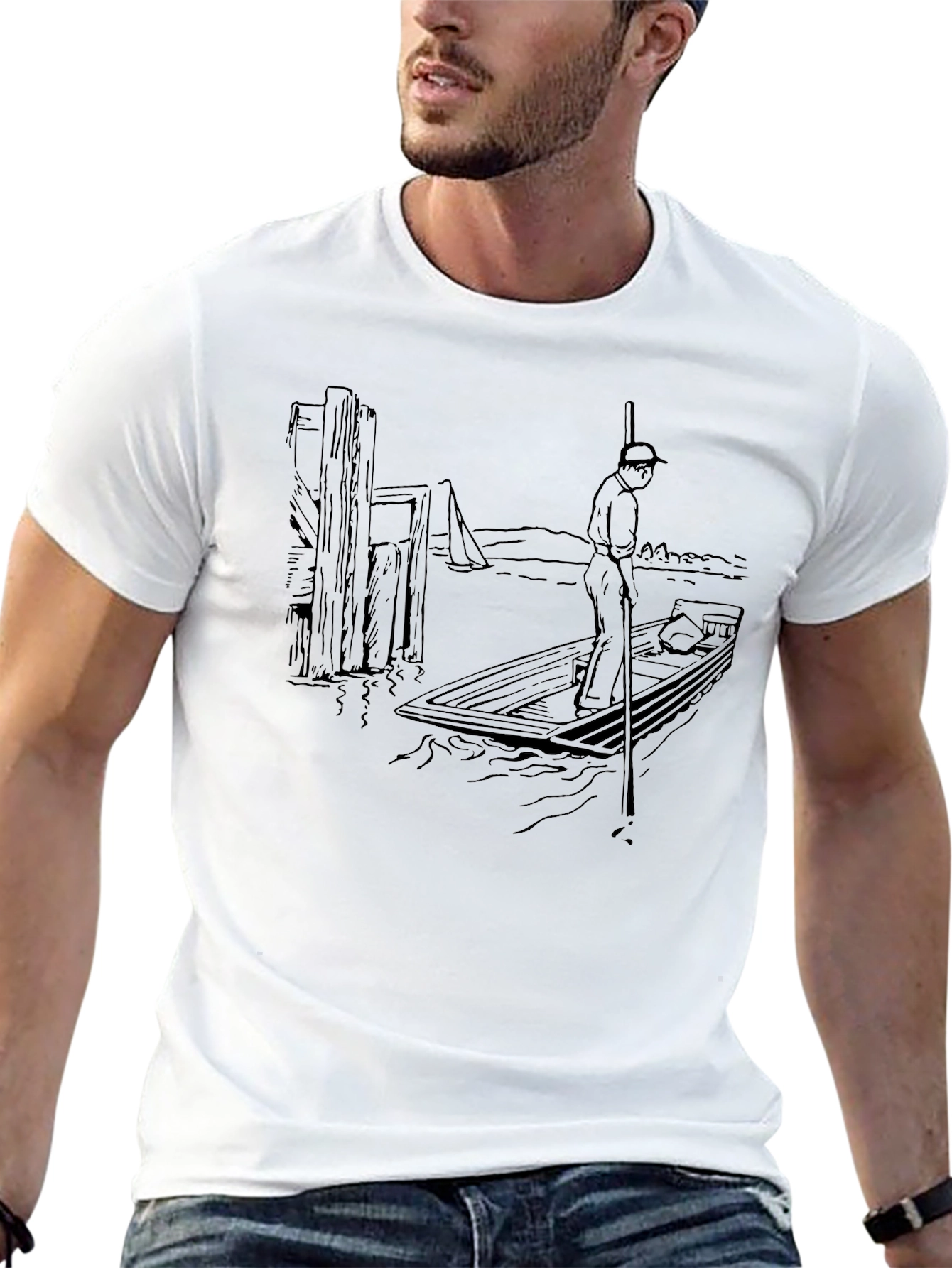 Black Vintage Boating Scene Graphic T-Shirt view 13