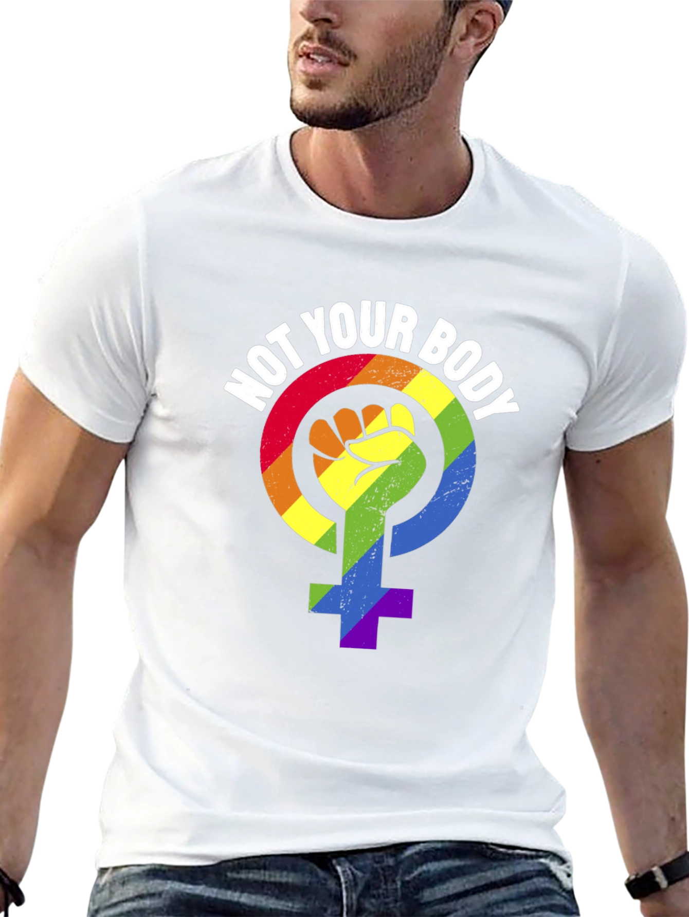 Black Not Your Body T-Shirt - Rainbow Feminist Symbol view 13