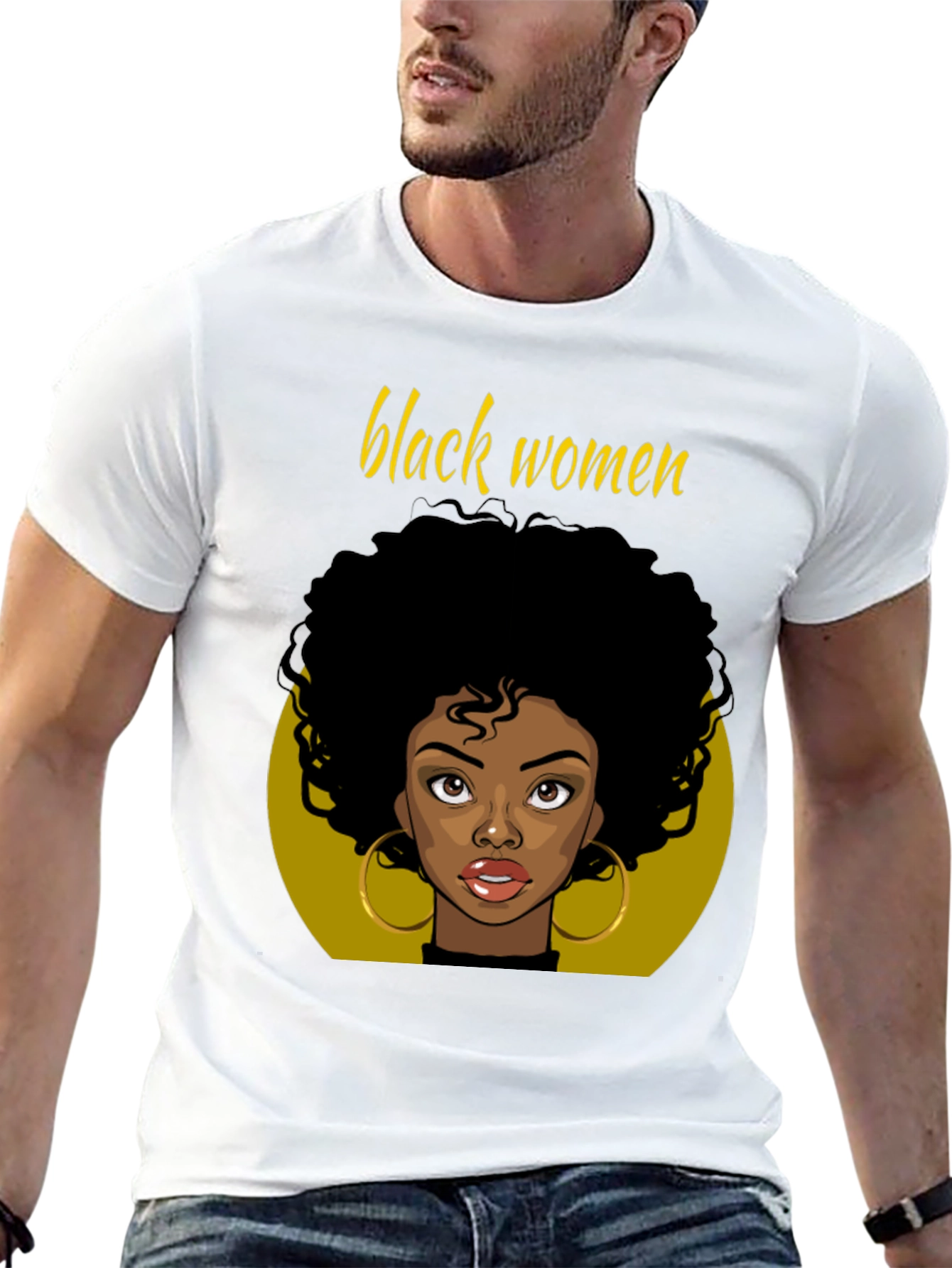 Black Black Women Graphic Tee - Afro Hair, Gold Earrings view 13