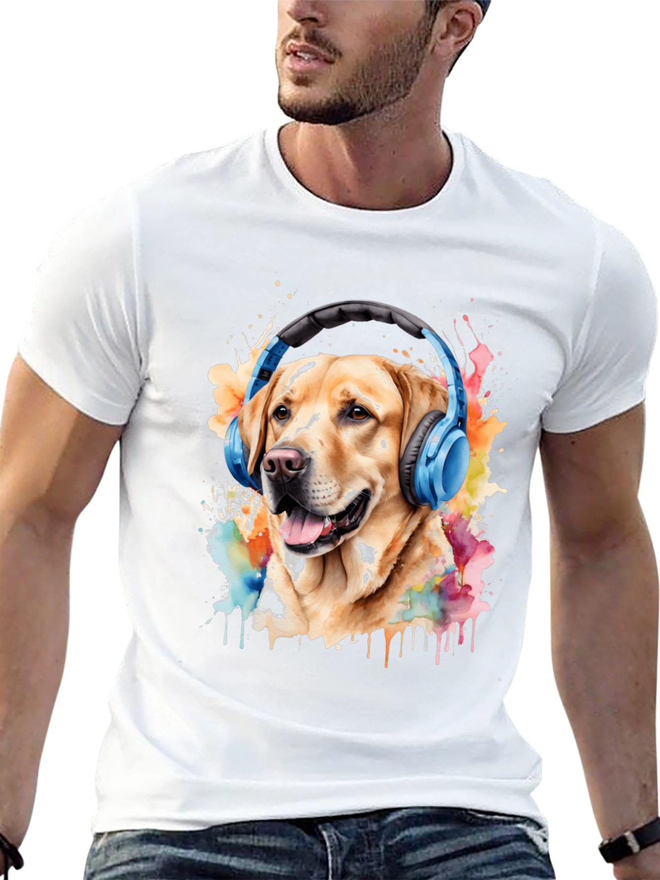 Black Dog with Headphones Graphic Tee - Men's Black T-Shirt view 13