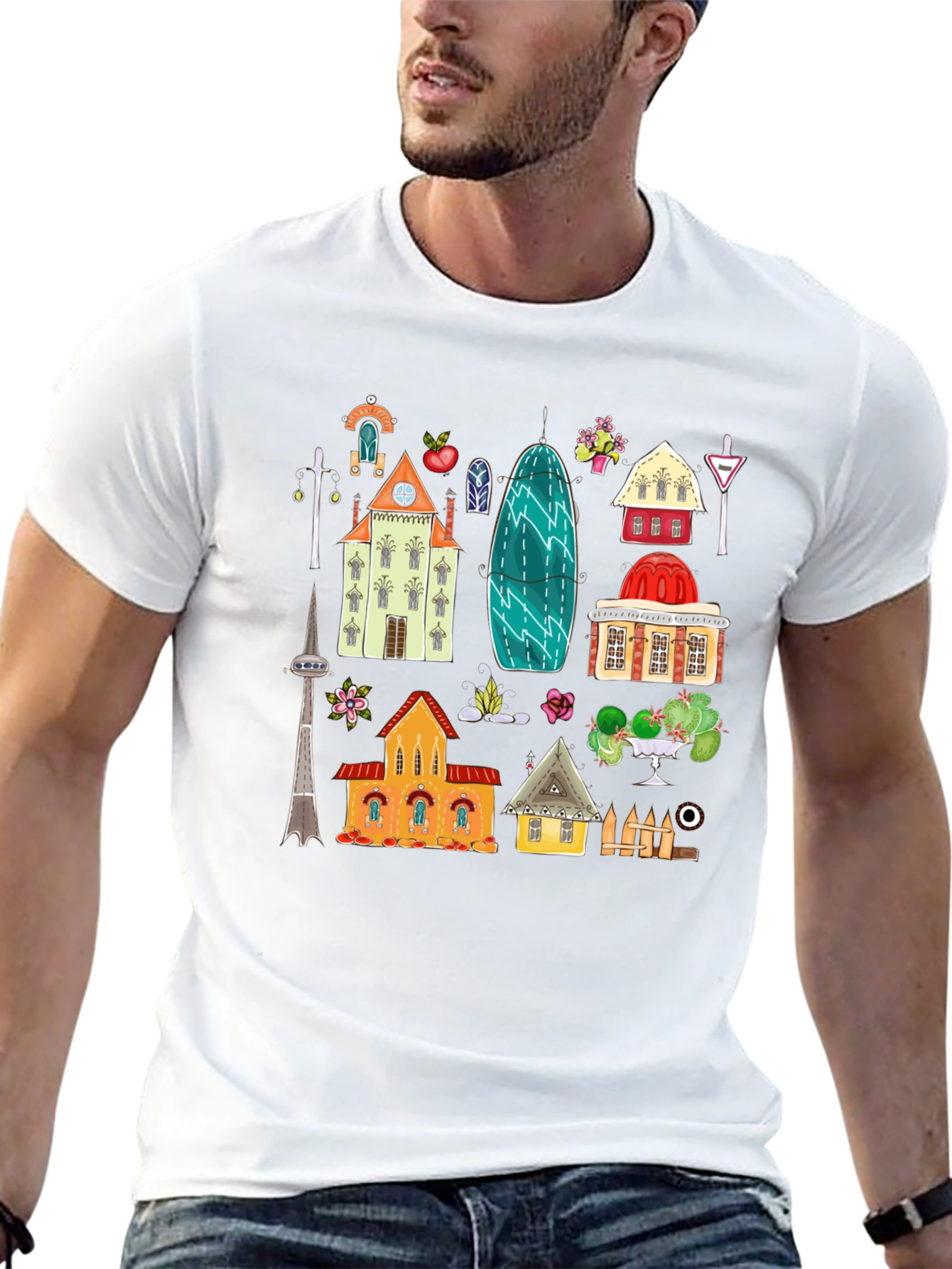 Black Cute Buildings Graphic Black T-Shirt view 13