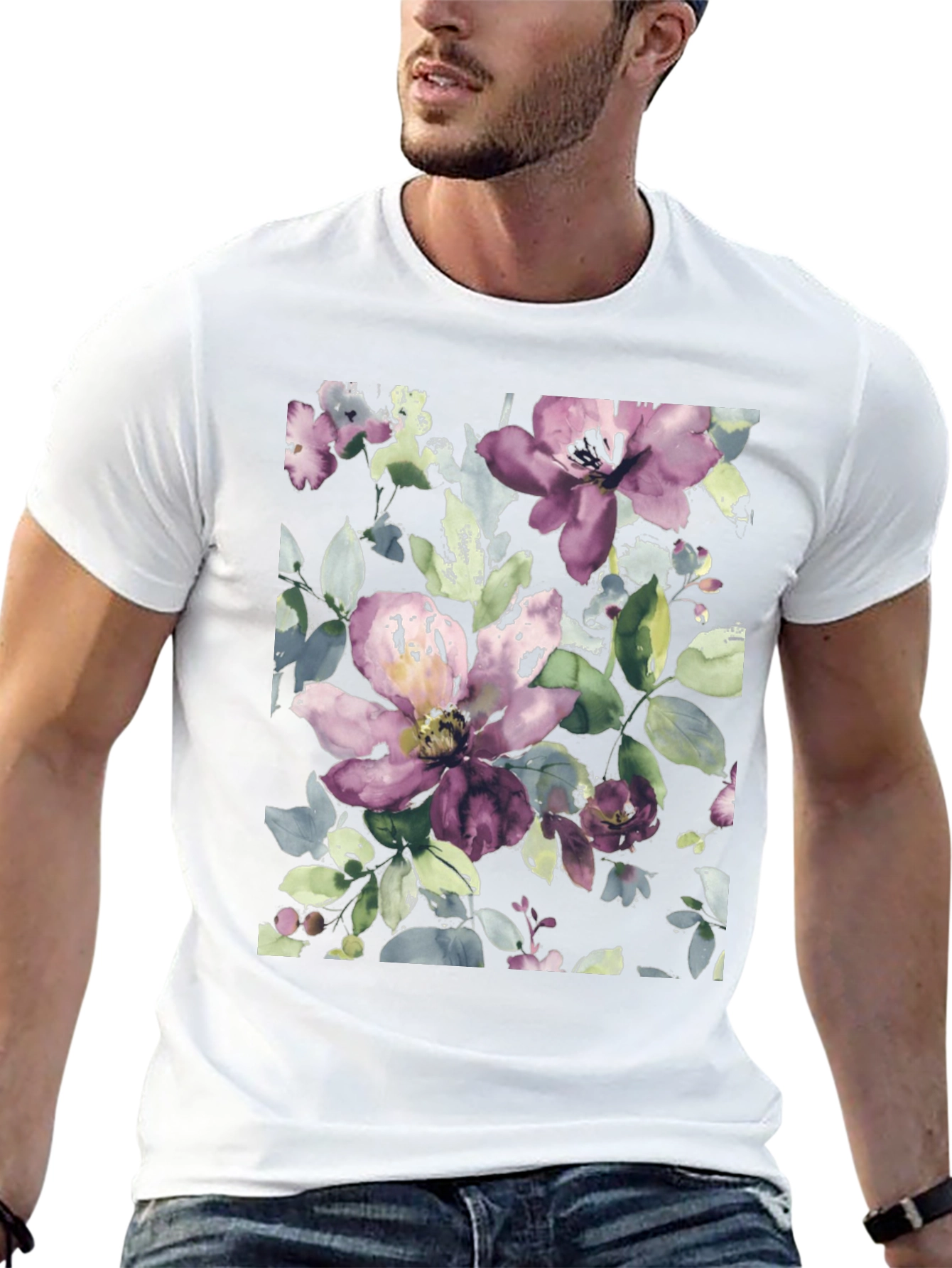 Black Floral Watercolor Print Black T-Shirt view 13