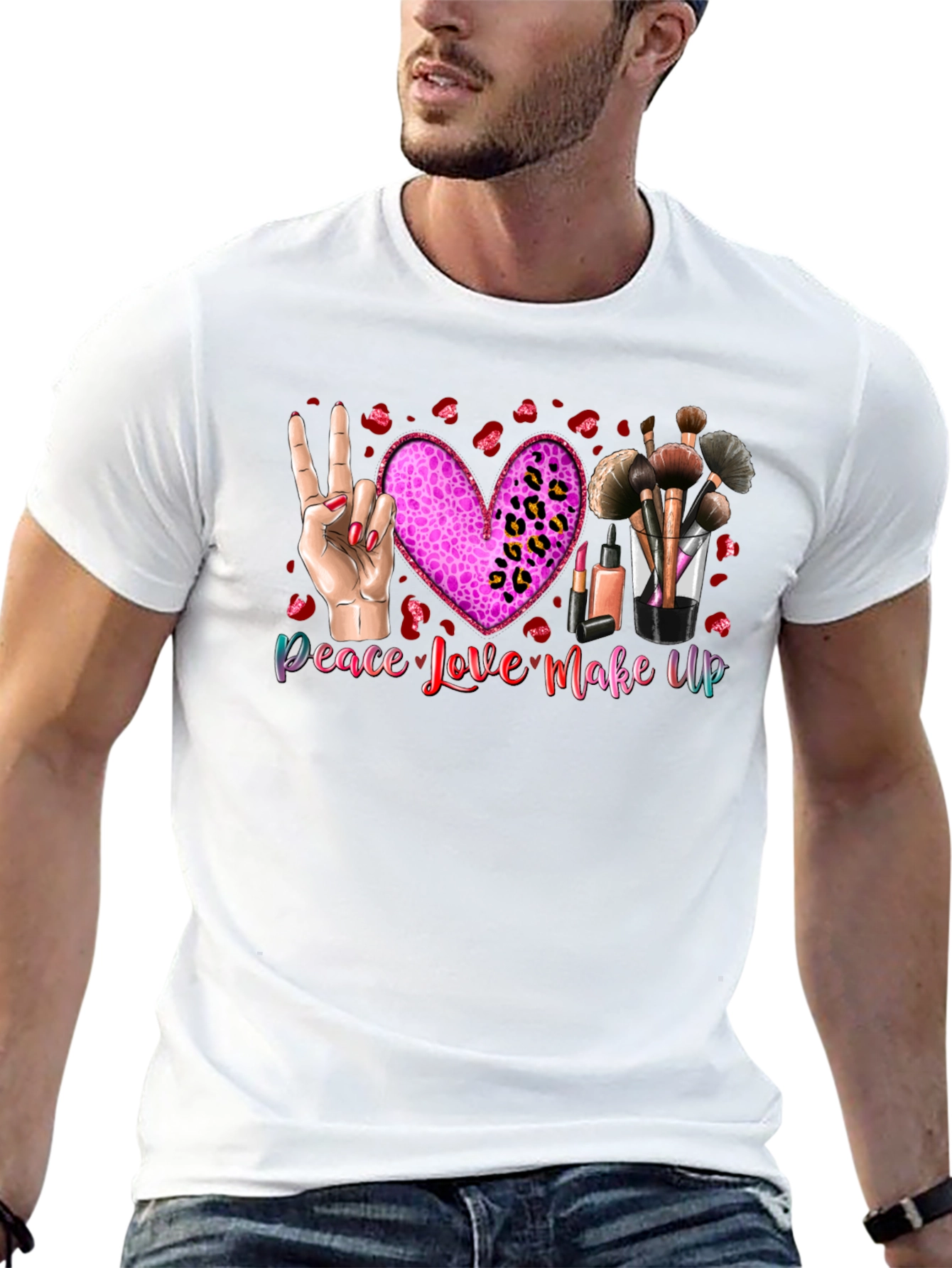 Black Peace Love Makeup T-Shirt, Beauty Graphic Tee view 13