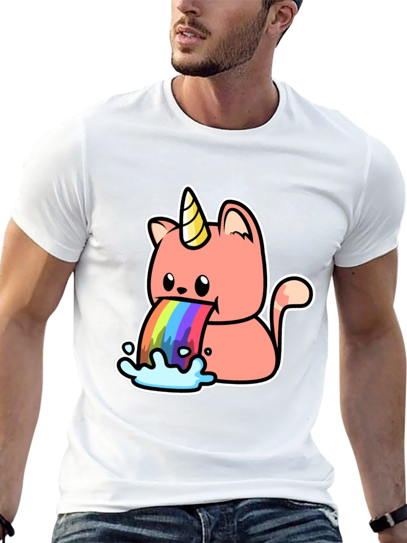 Black Unicorn Cat Rainbow Puke Graphic Tee view 13