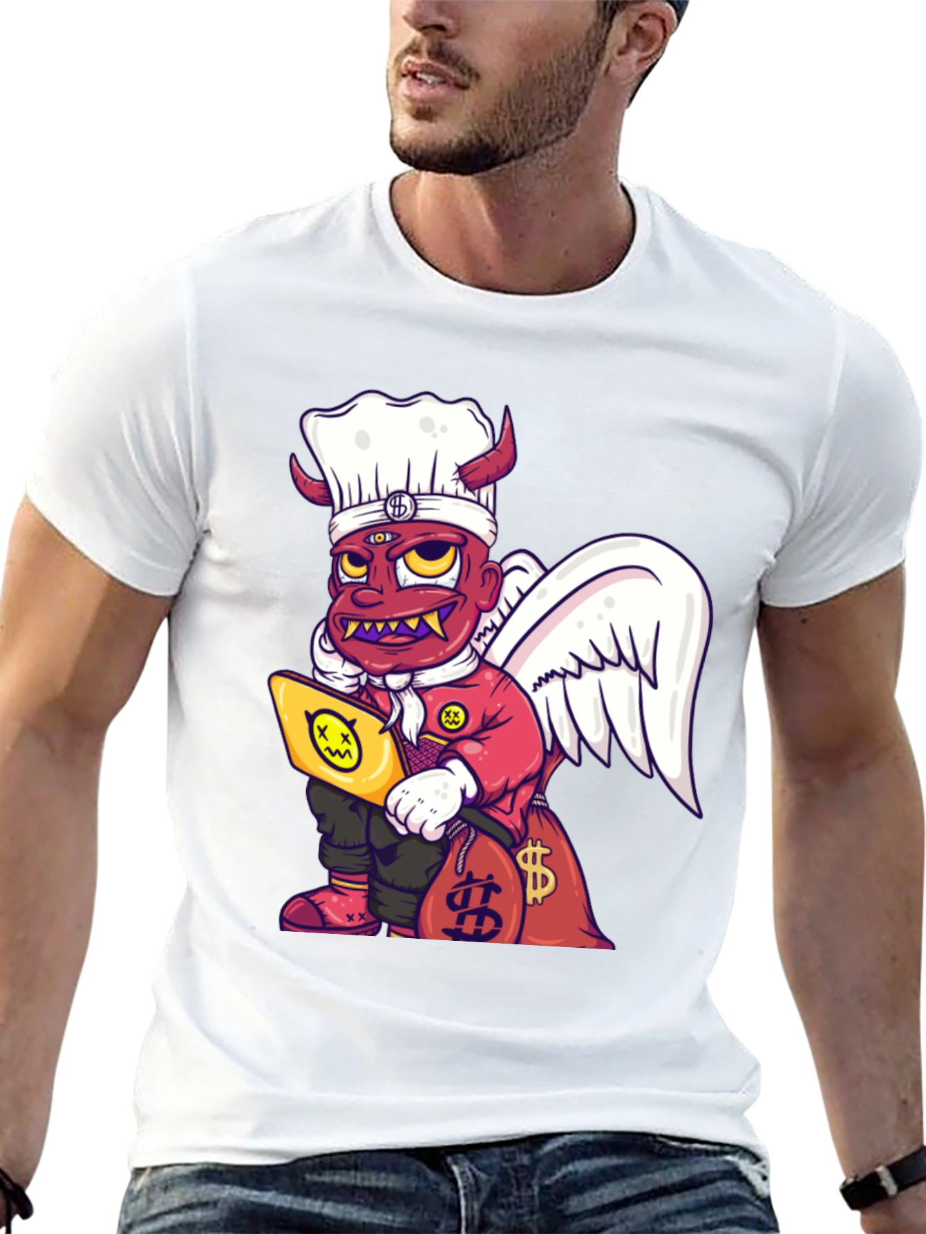 Cartoon Angel & Devil Chef Graphic T-Shirt - 13