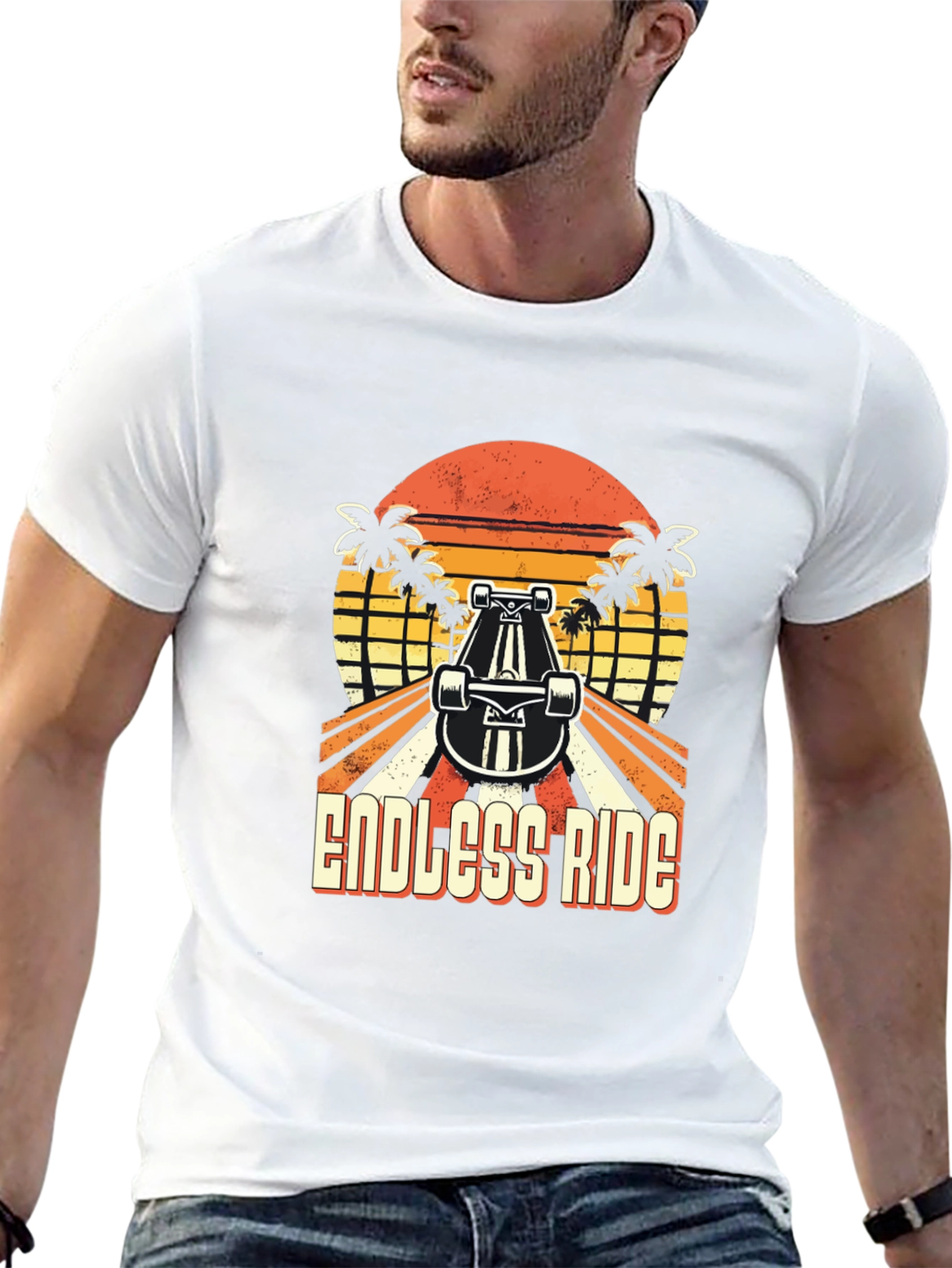 Black Endless Ride Skateboard T-Shirt Retro Sunset Palm Tree view 13