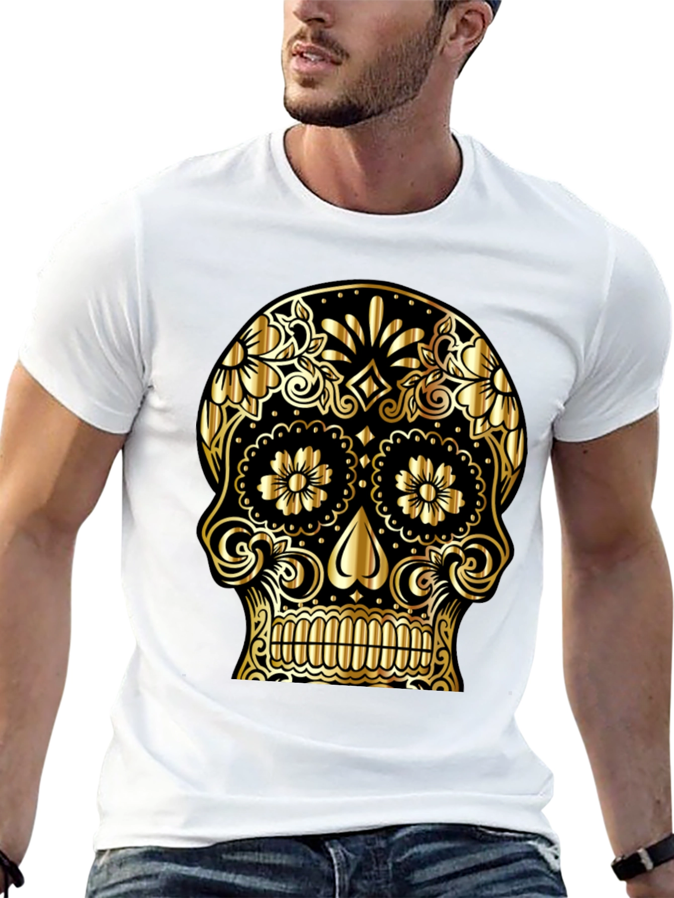 Black Gold Sugar Skull Graphic Black T-Shirt view 13