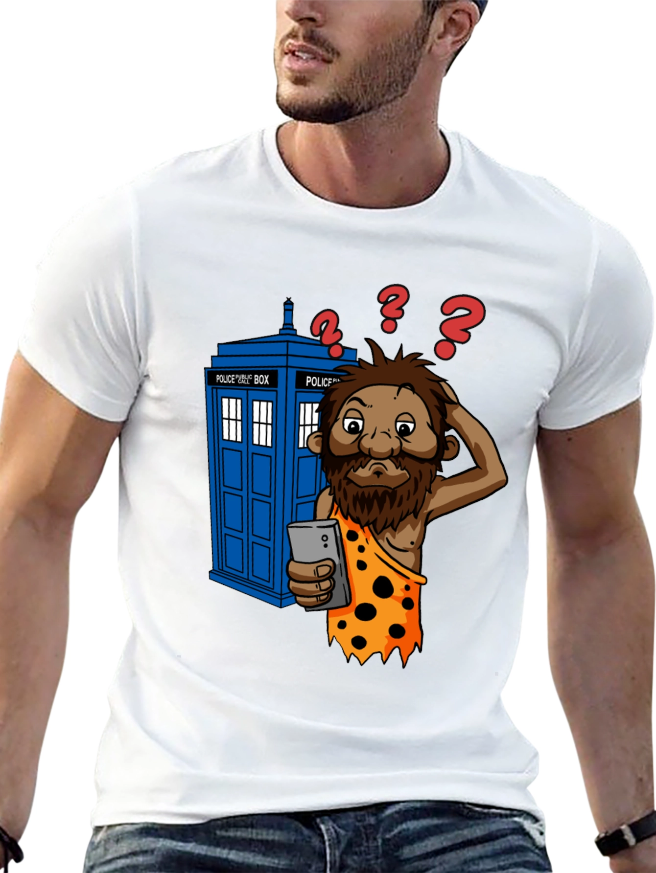 Black Time Traveler T-Shirt - Confused Caveman & Phone view 13