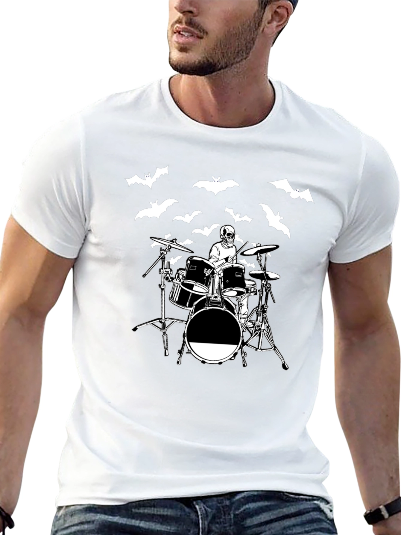 Black Skeleton Drummer Bat T-Shirt view 13