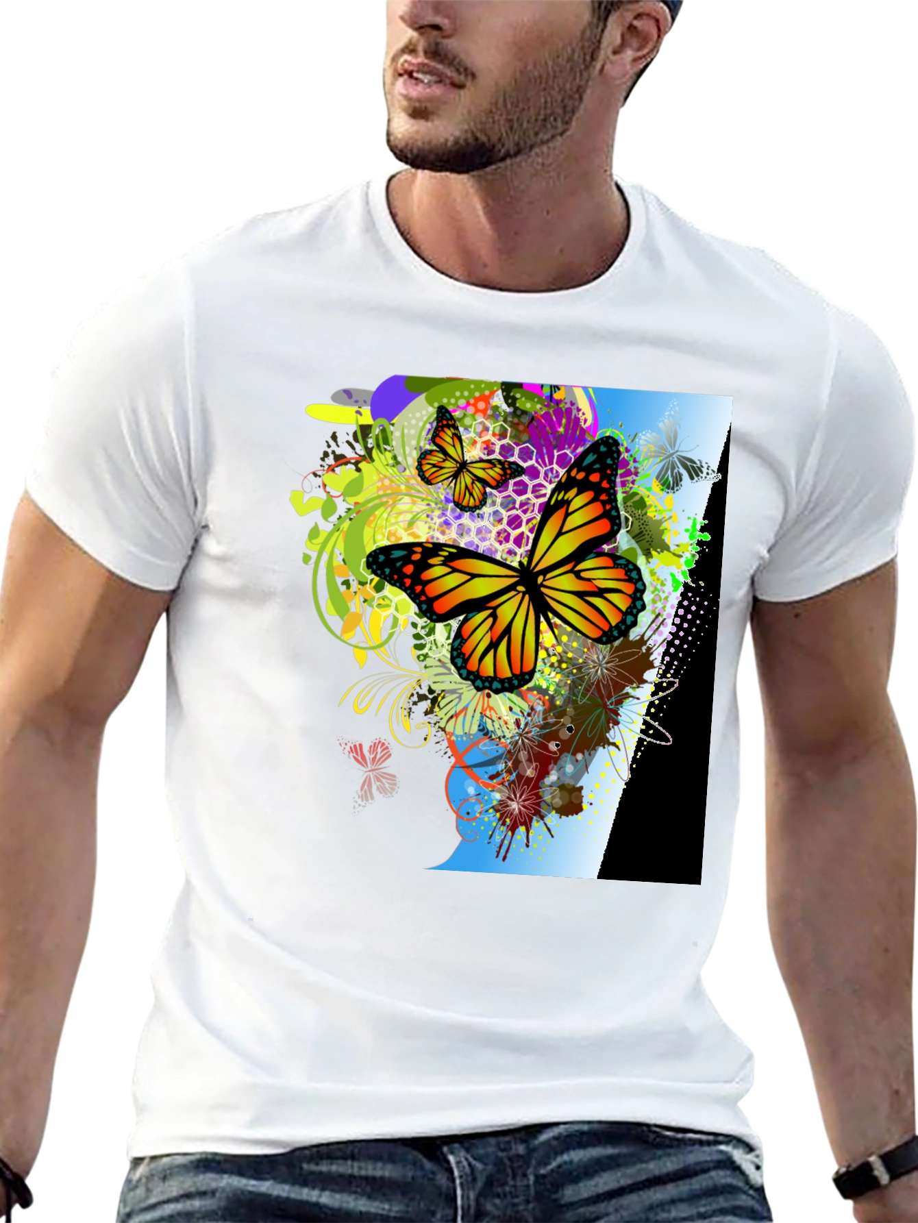 Black Butterfly Graphic Print Men's Black T-Shirt view 13
