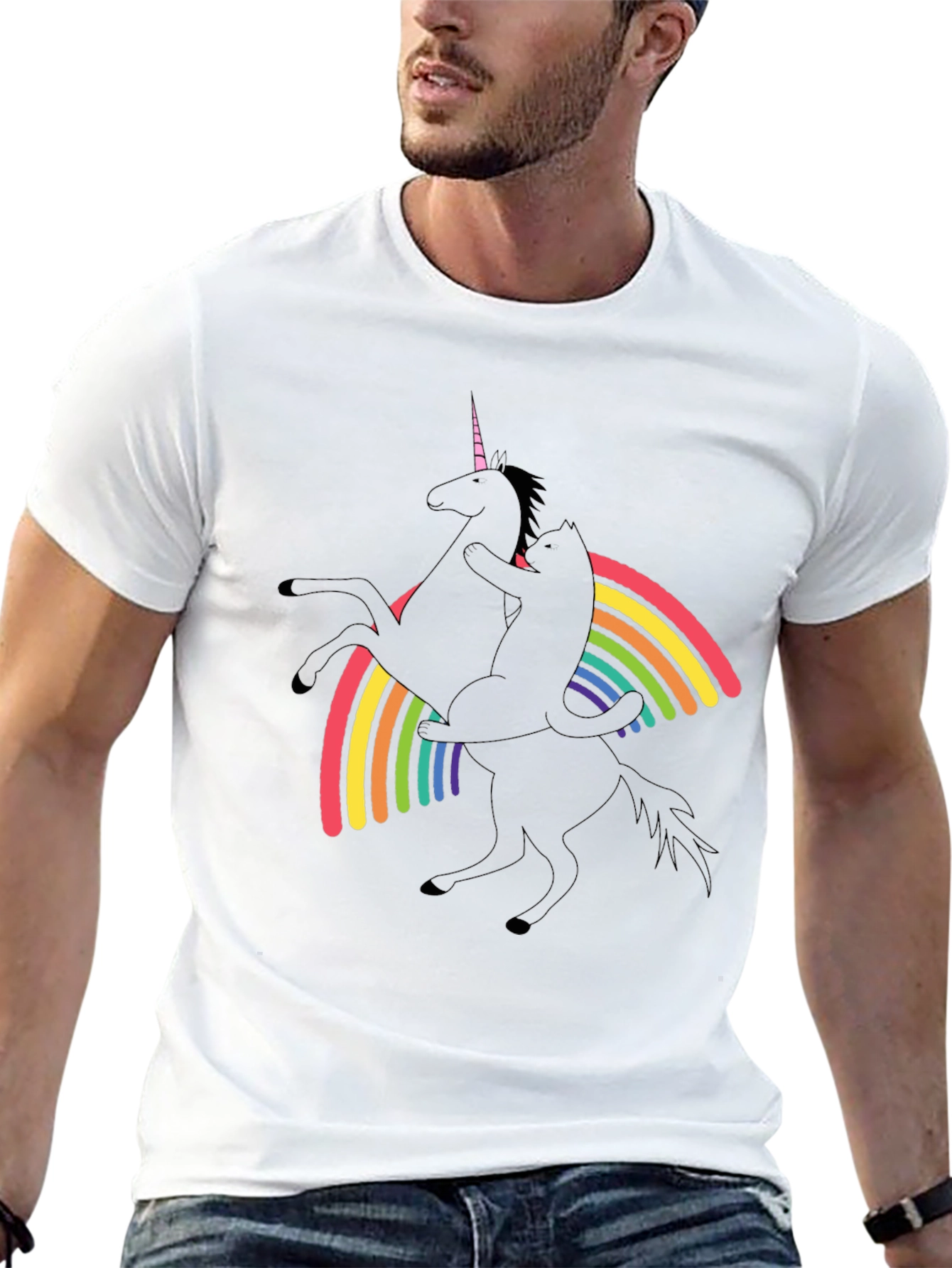 Black Unicorn & Cat Rainbow Graphic Black T-Shirt view 13