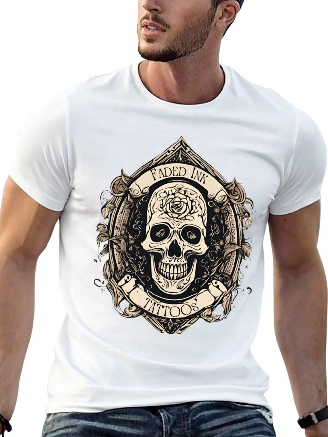 Black Faded Ink Tattoos Skull Graphic Black T-Shirt view 13