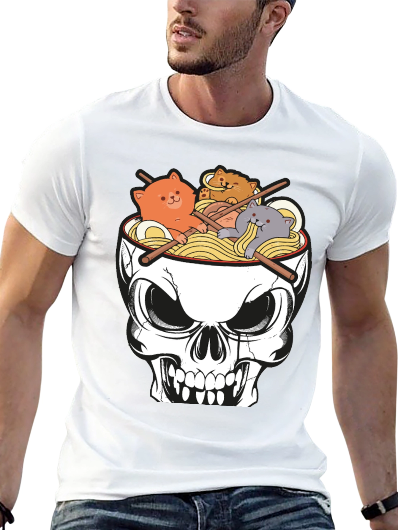 Black Skull Ramen Cat T-Shirt view 13